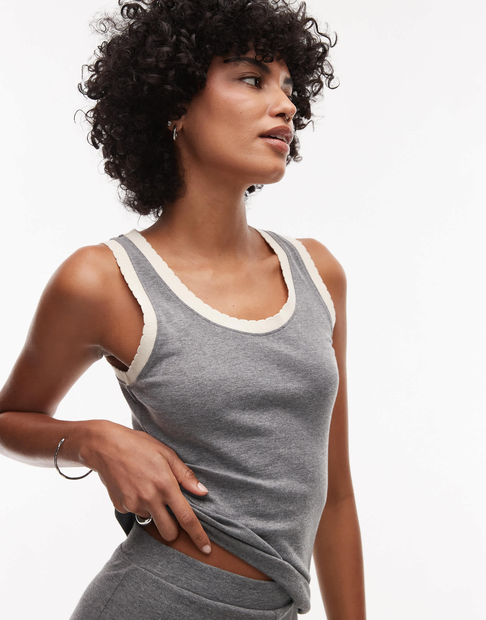 Topshop contrast frill edge scoop vest in grey marl