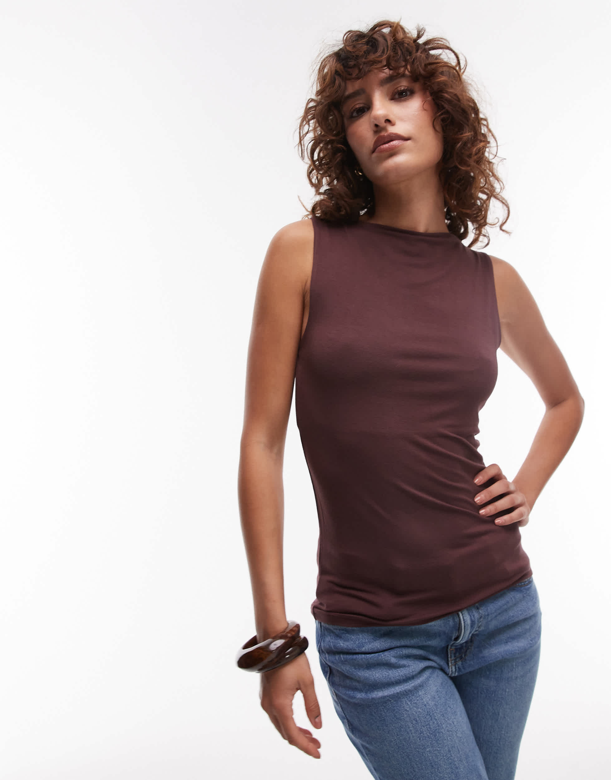 Topshop premium slash neck tank in chocolate