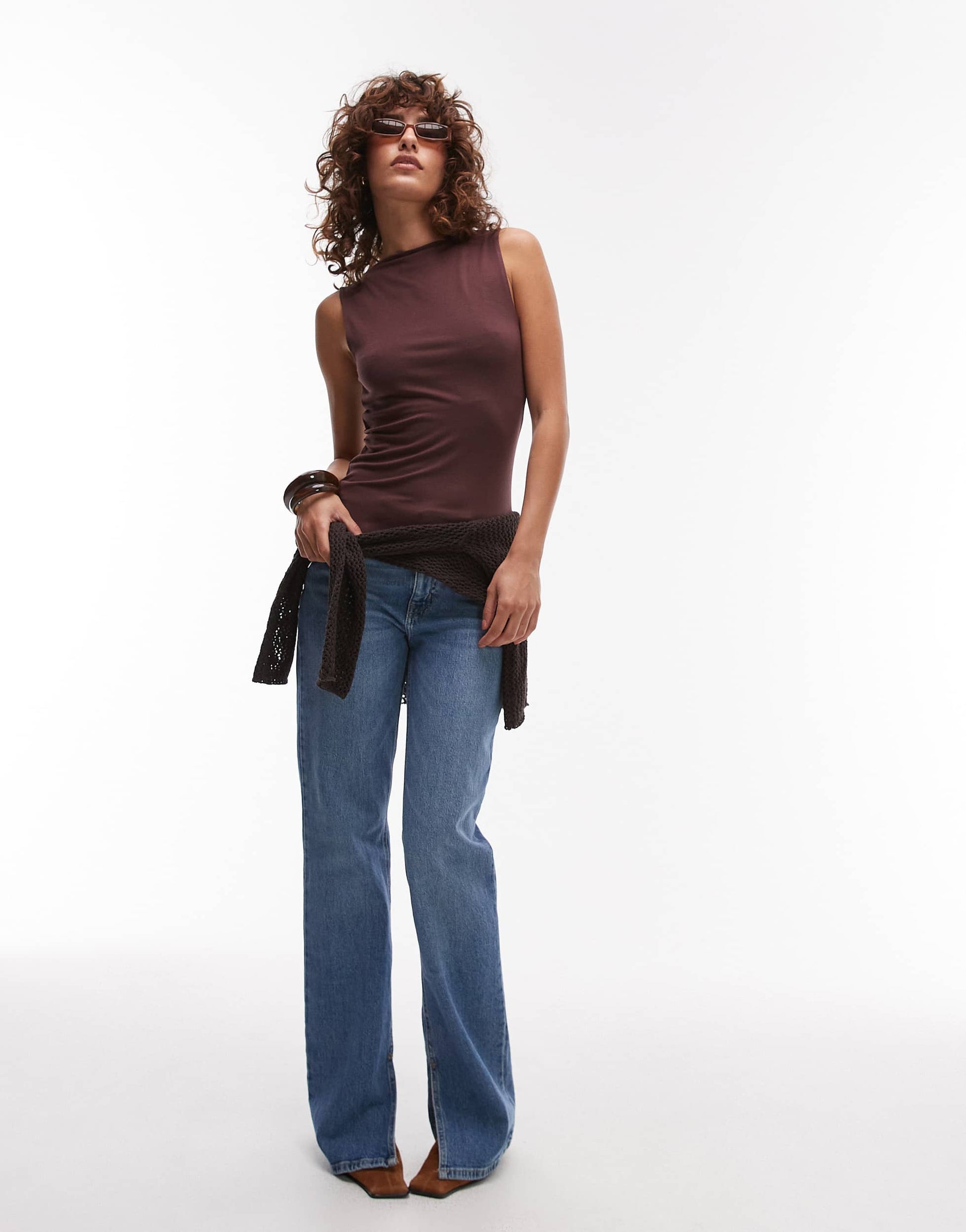 Topshop premium slash neck tank in chocolate