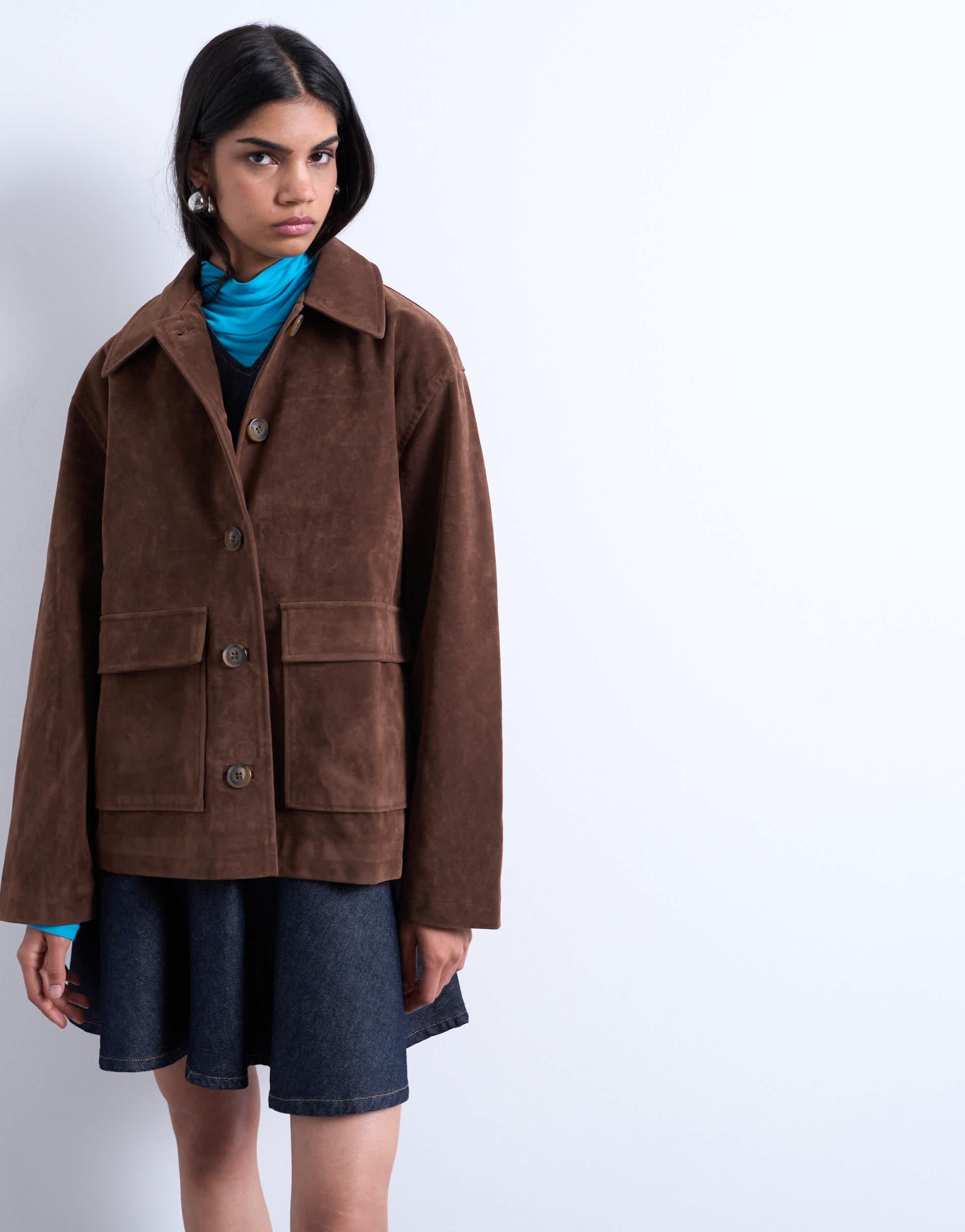 Topshop kastenförmige Jacke aus Wildlederimitat mit aufgesetzten Taschen in Braun