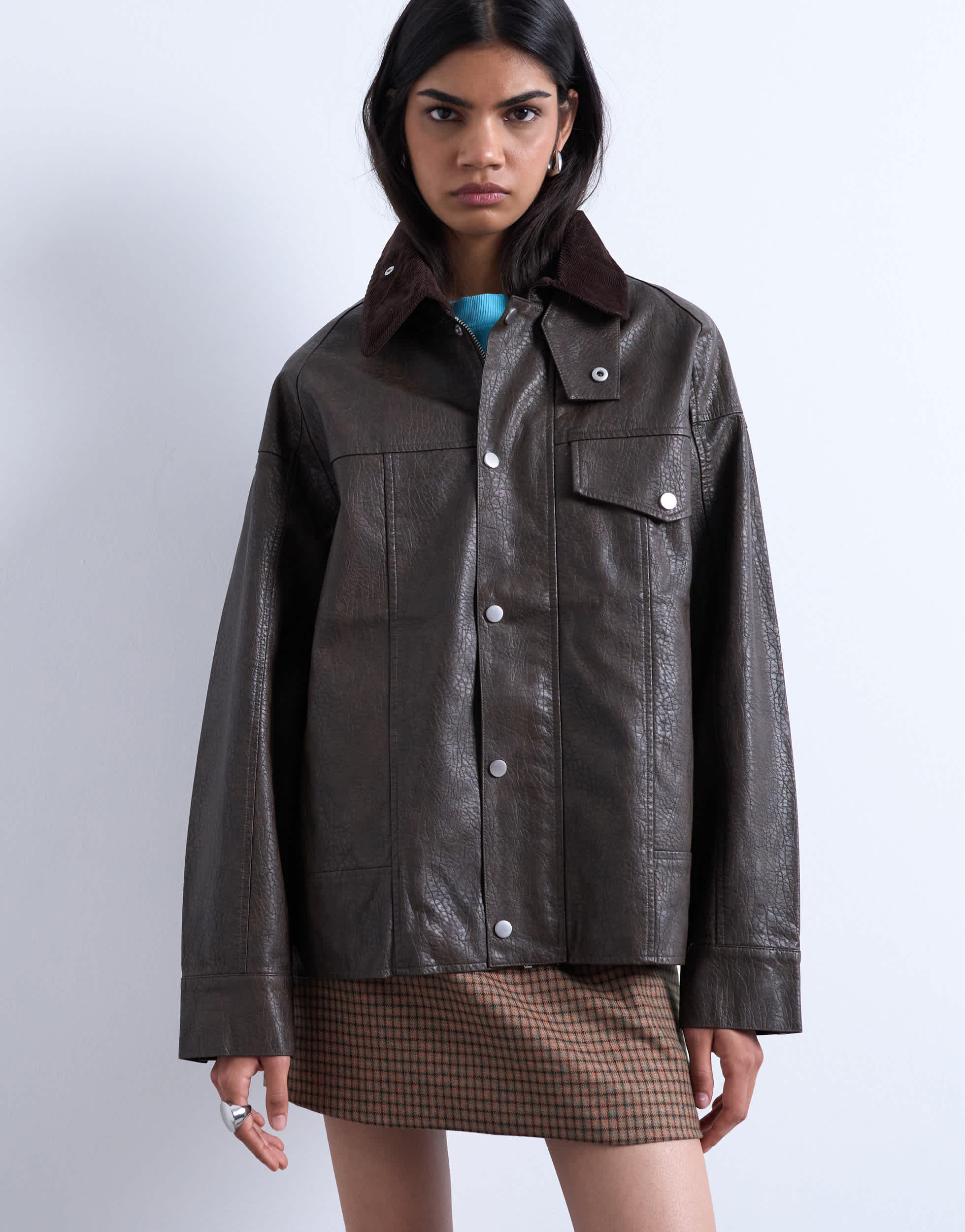 Topshop faux leather cord collar jacket in brown
