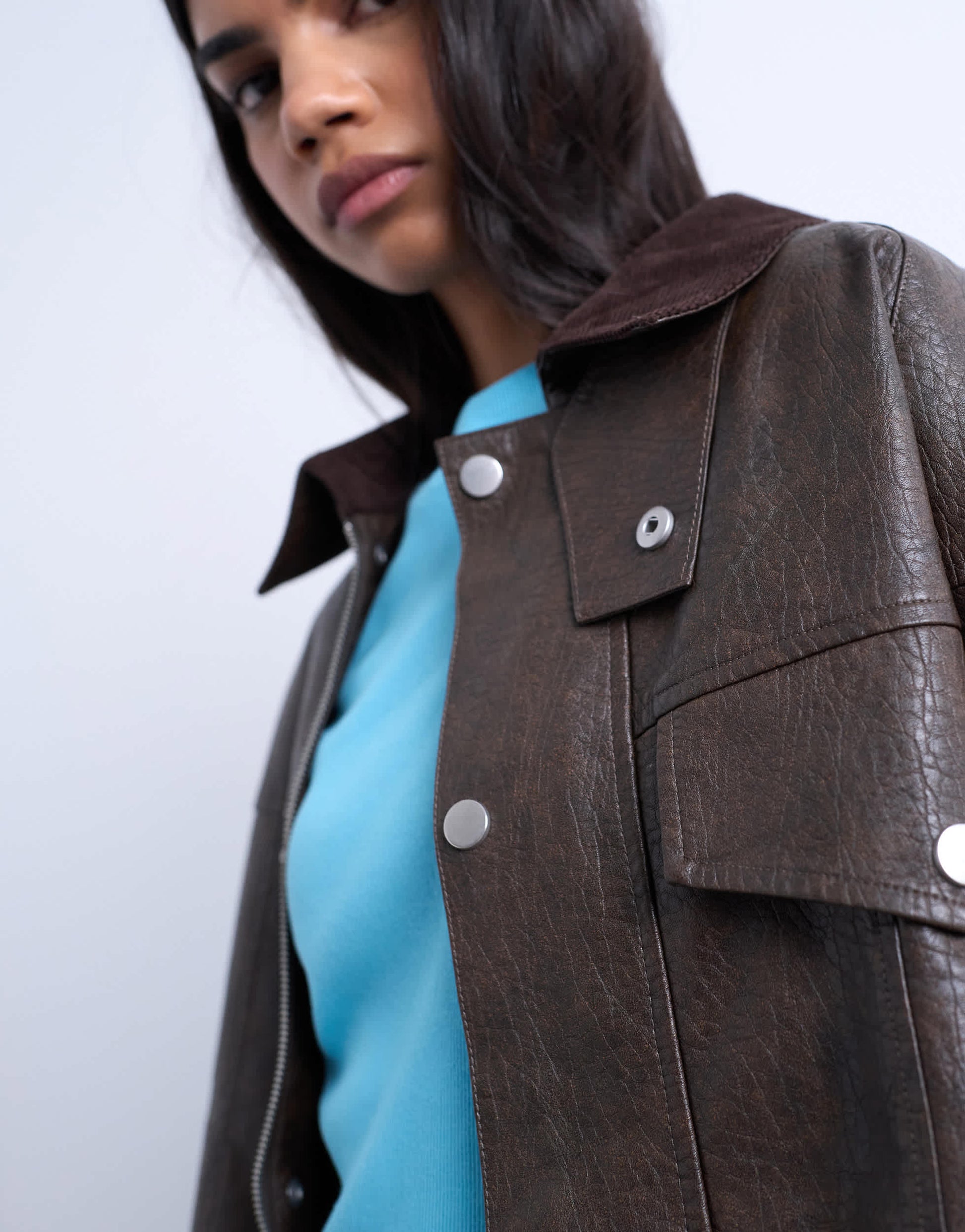 Topshop faux leather cord collar jacket in brown