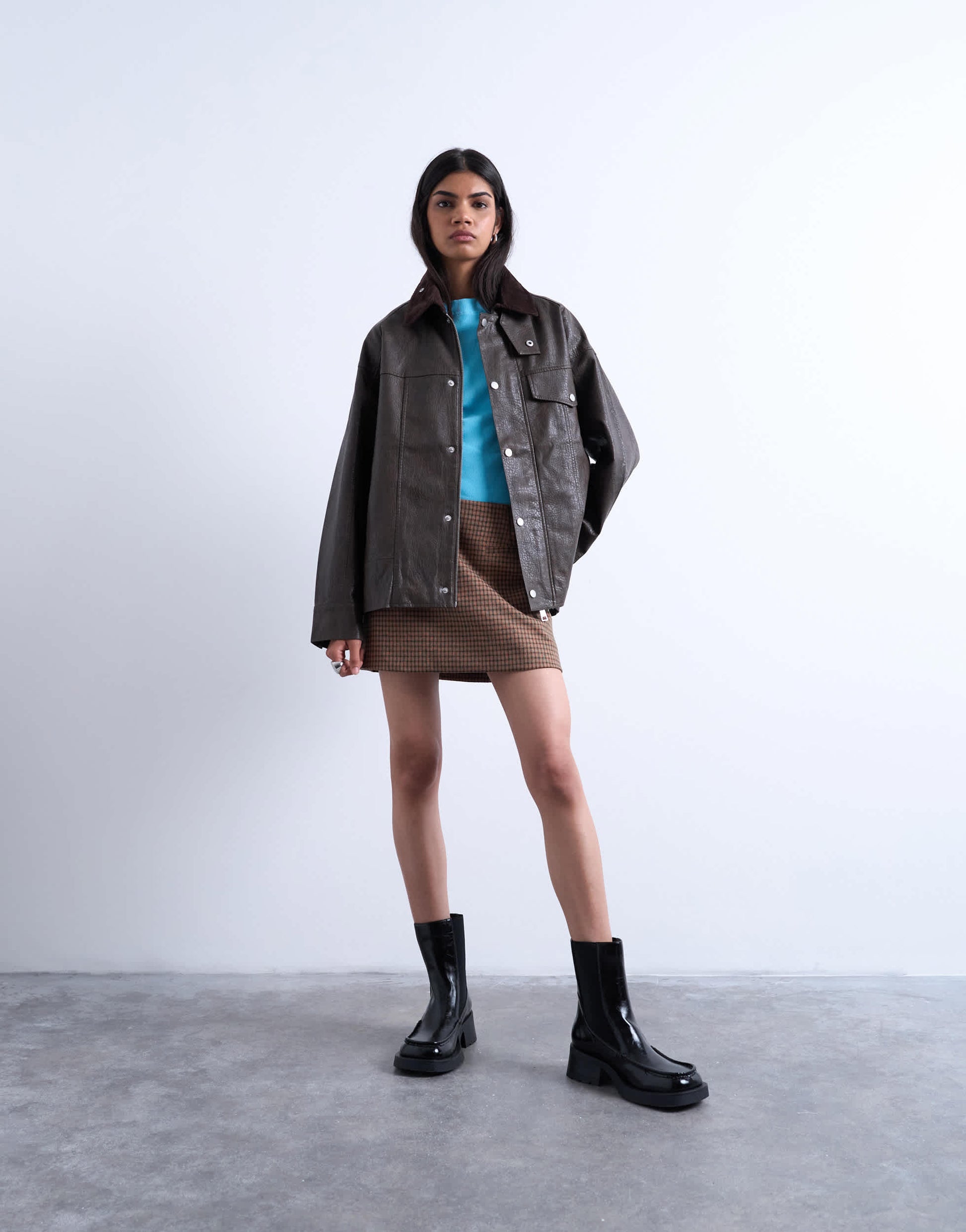 Topshop faux leather cord collar jacket in brown