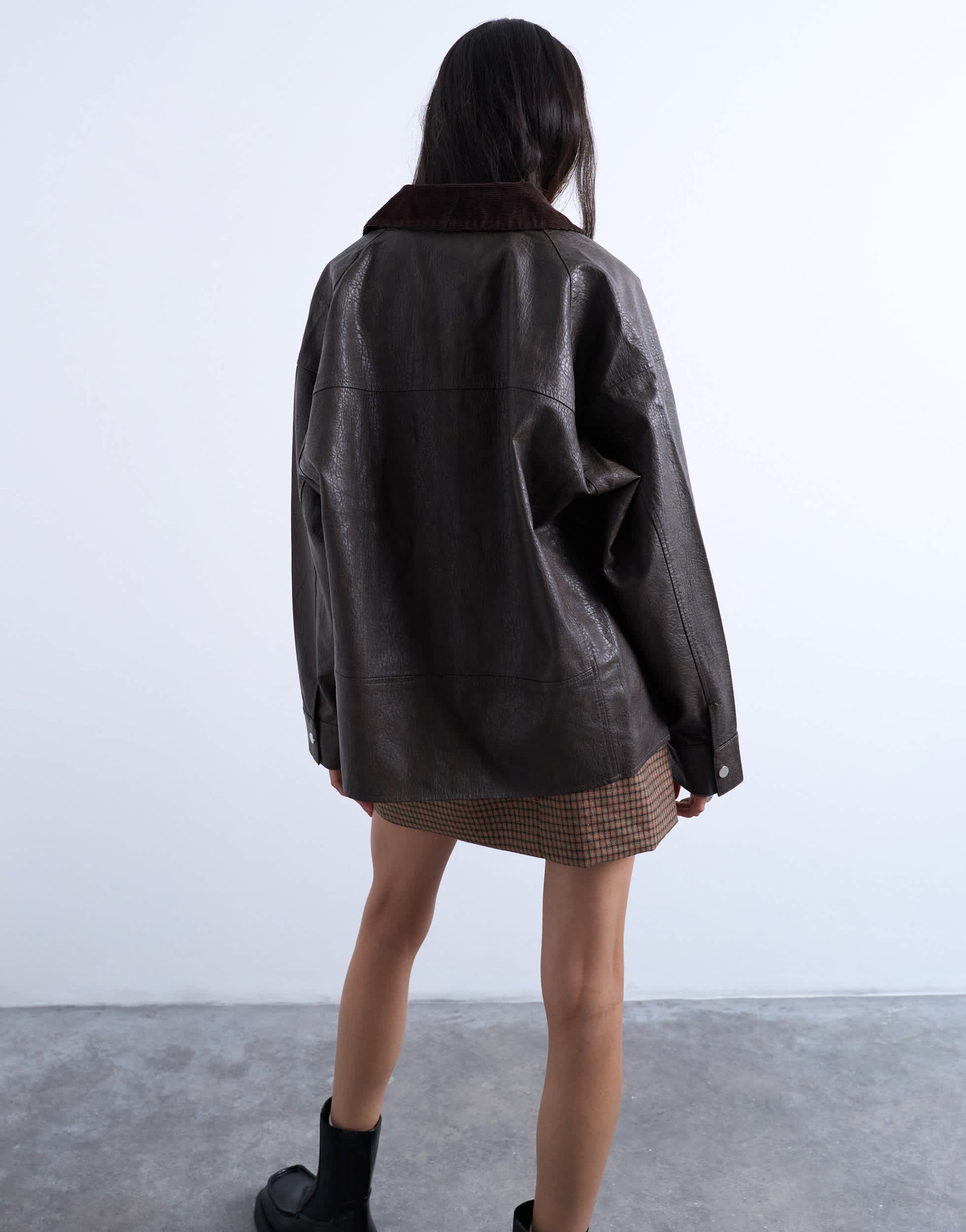 Topshop faux leather cord collar jacket in brown