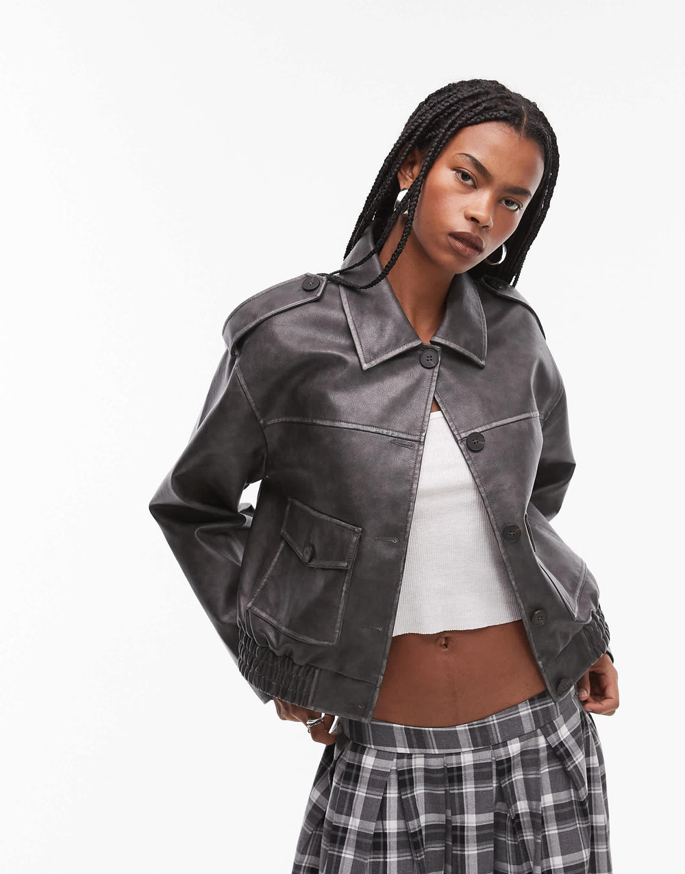 Topshop faux leather cropped button thru patch pocket bomber in washed black