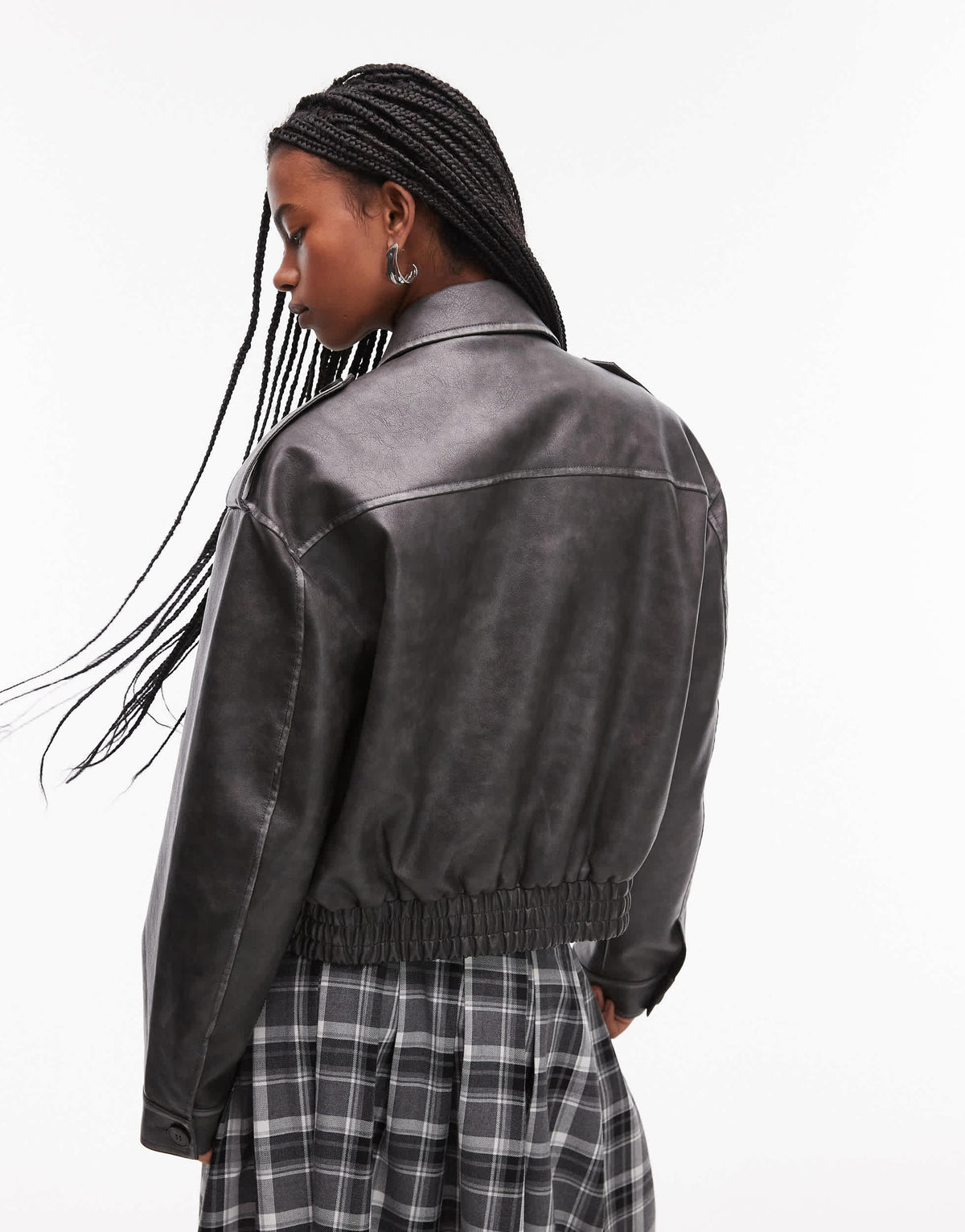 Topshop faux leather cropped button thru patch pocket bomber in washed black