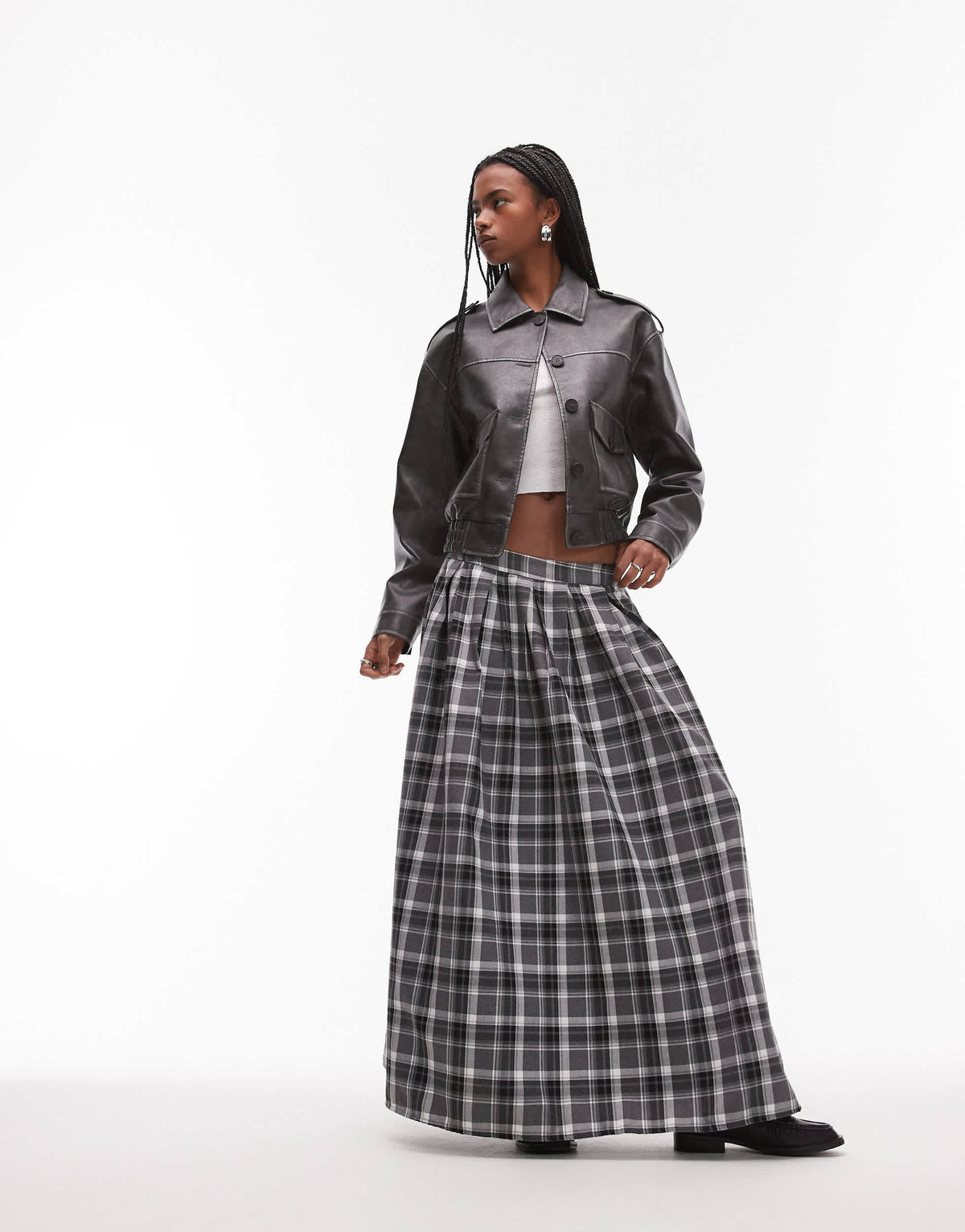 Topshop faux leather cropped button thru patch pocket bomber in washed black