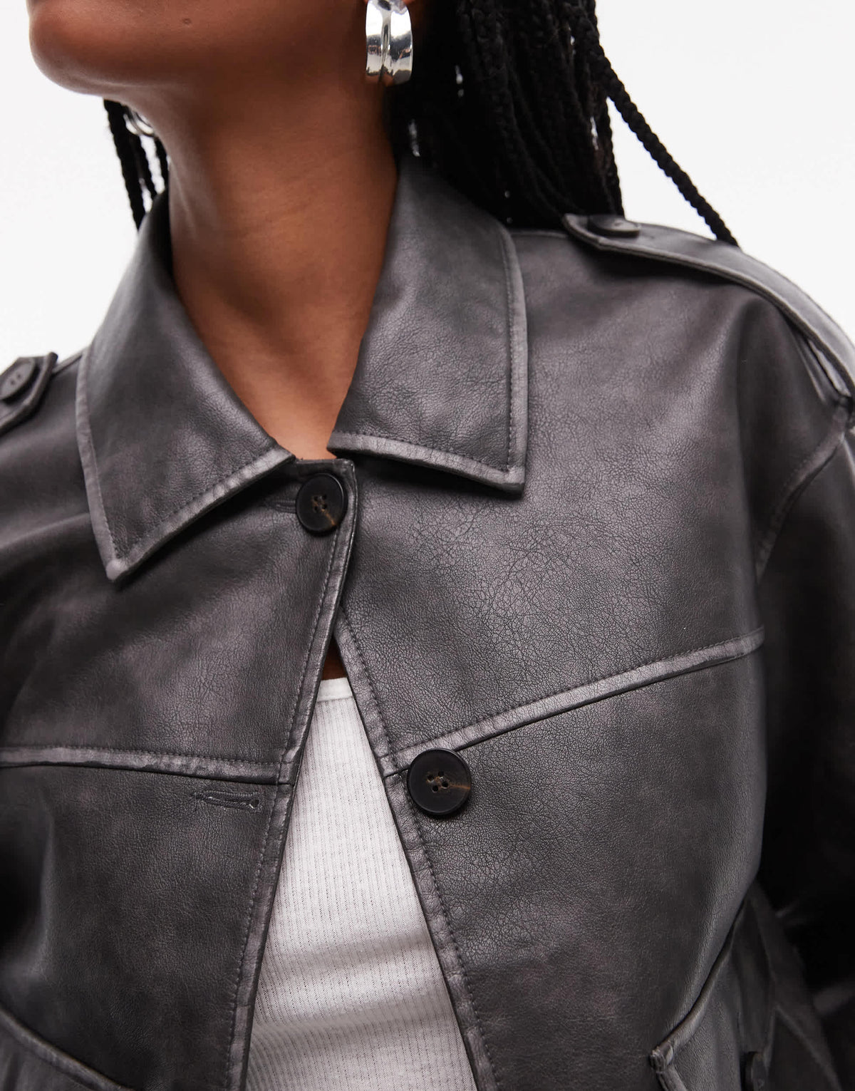 Topshop faux leather cropped button thru patch pocket bomber in washed black