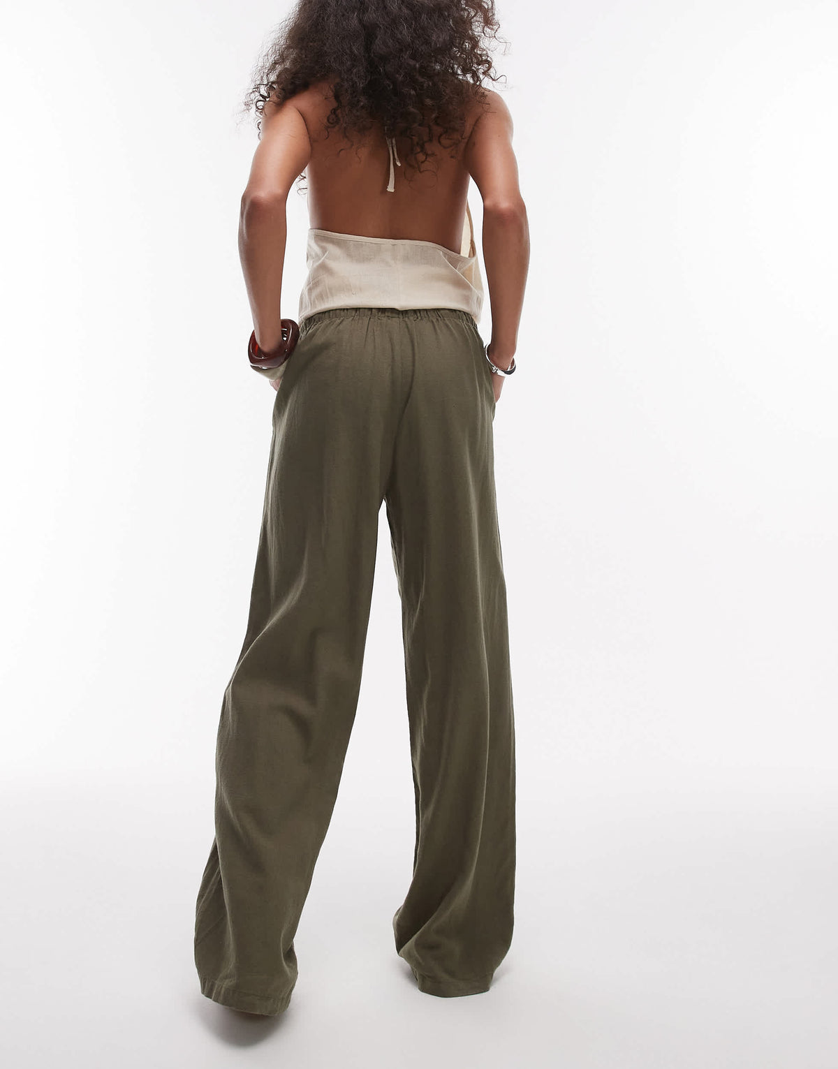 Topshop linen straight leg trouser in khaki