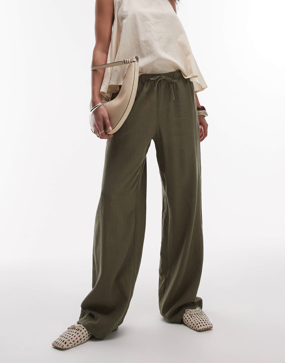 Topshop linen straight leg trouser in khaki