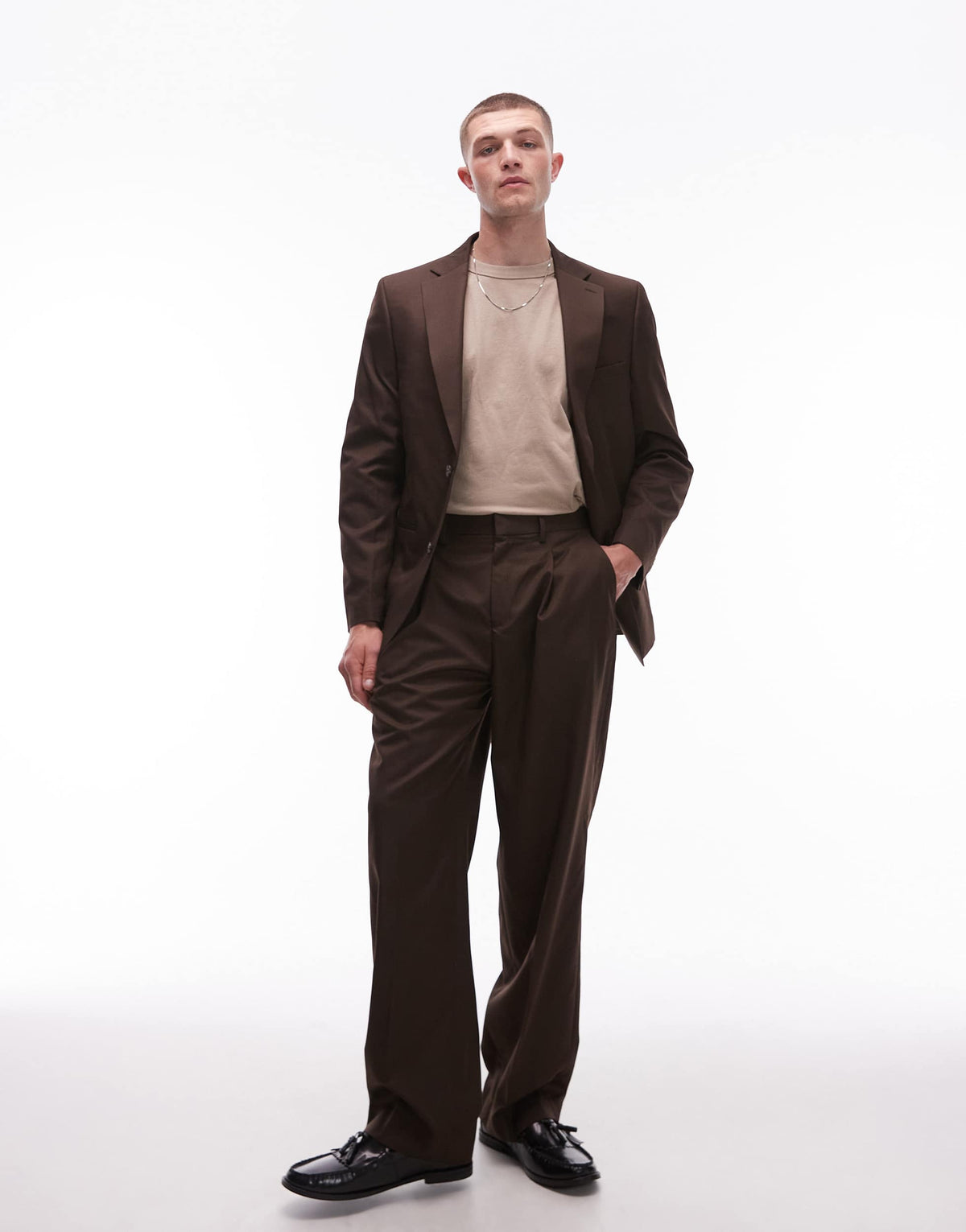 Topman wide leg suit trousers in brown