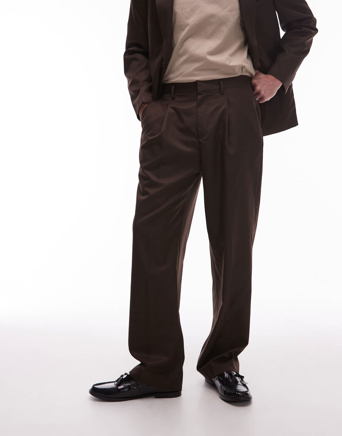 Topman wide leg suit trousers in brown