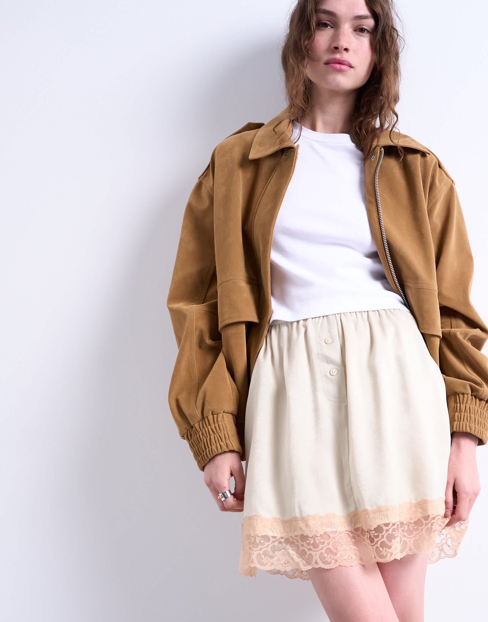 Topshop satin lace petticoat mini skirt with contrast lace in oyster