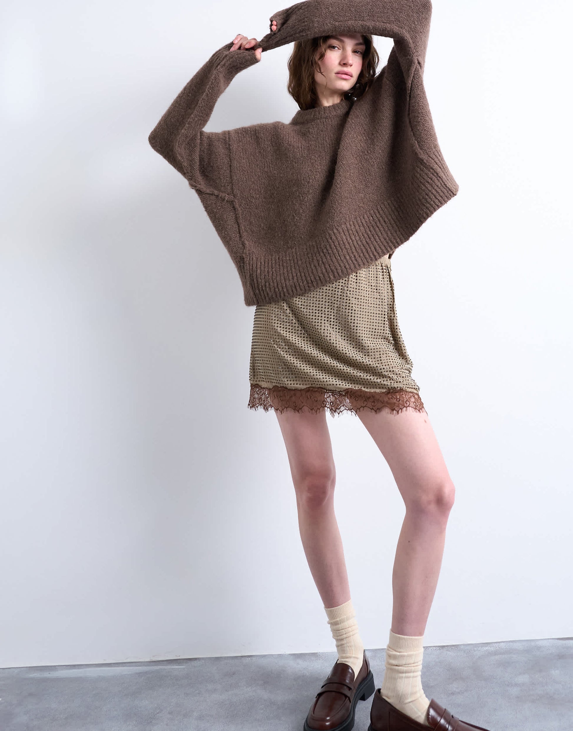 Topshop hot fix embellished mini skirt with lace trim in brown
