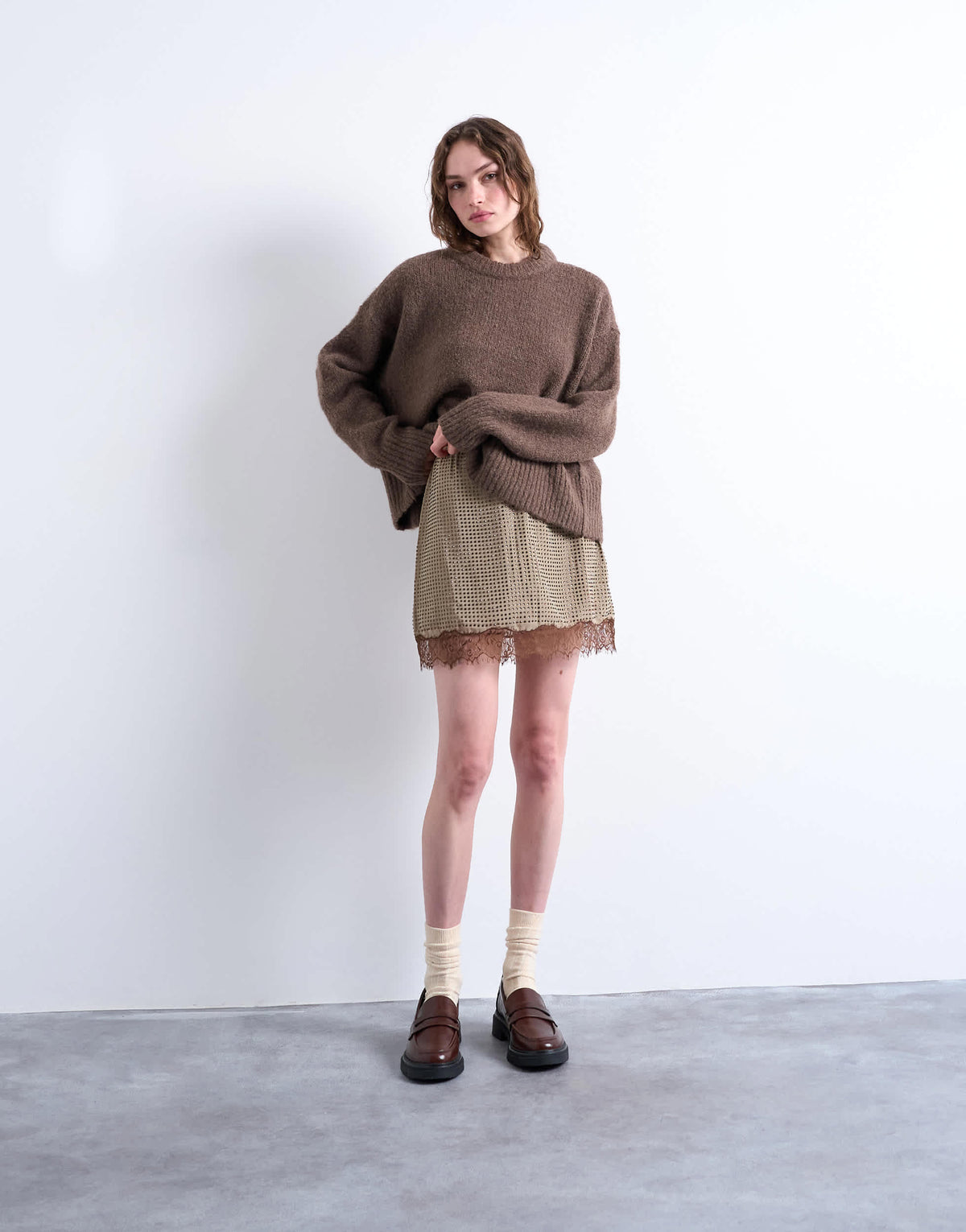Topshop hot fix embellished mini skirt with lace trim in brown