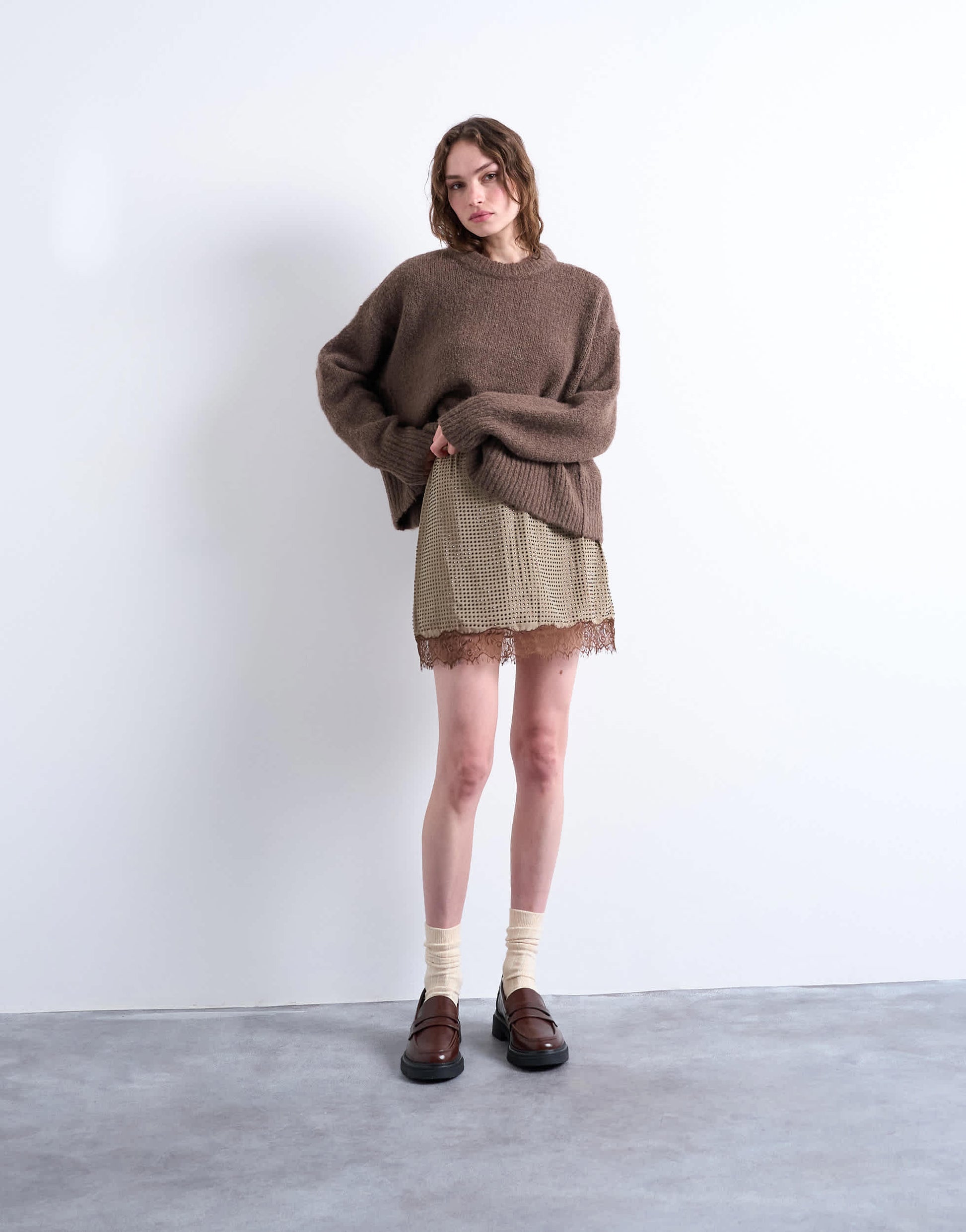 Topshop hot fix embellished mini skirt with lace trim in brown