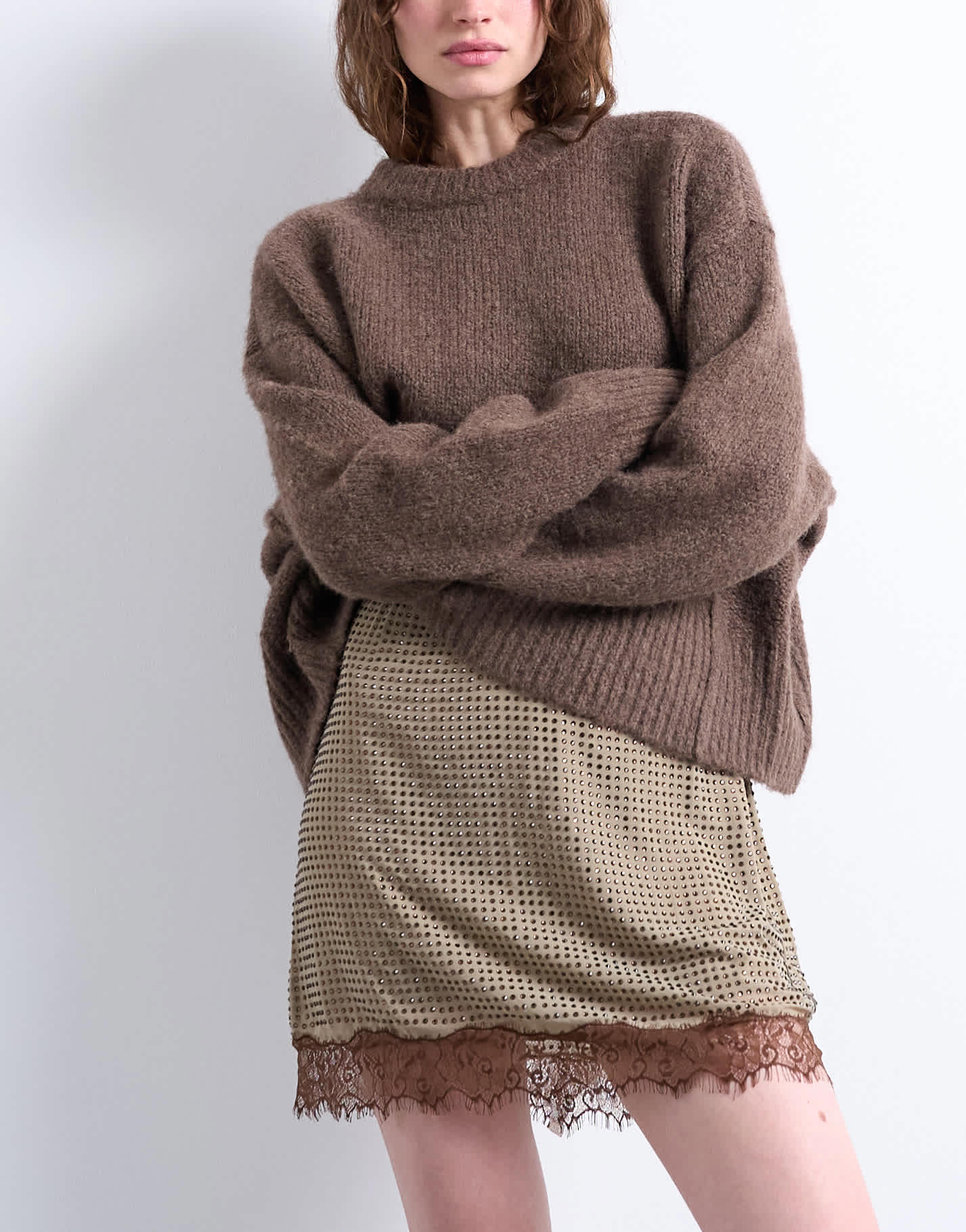 Topshop hot fix embellished mini skirt with lace trim in brown