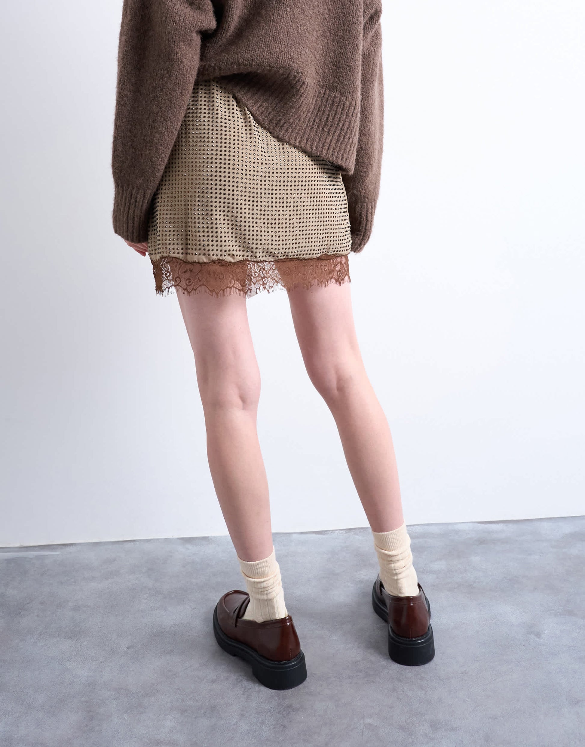 Topshop hot fix embellished mini skirt with lace trim in brown
