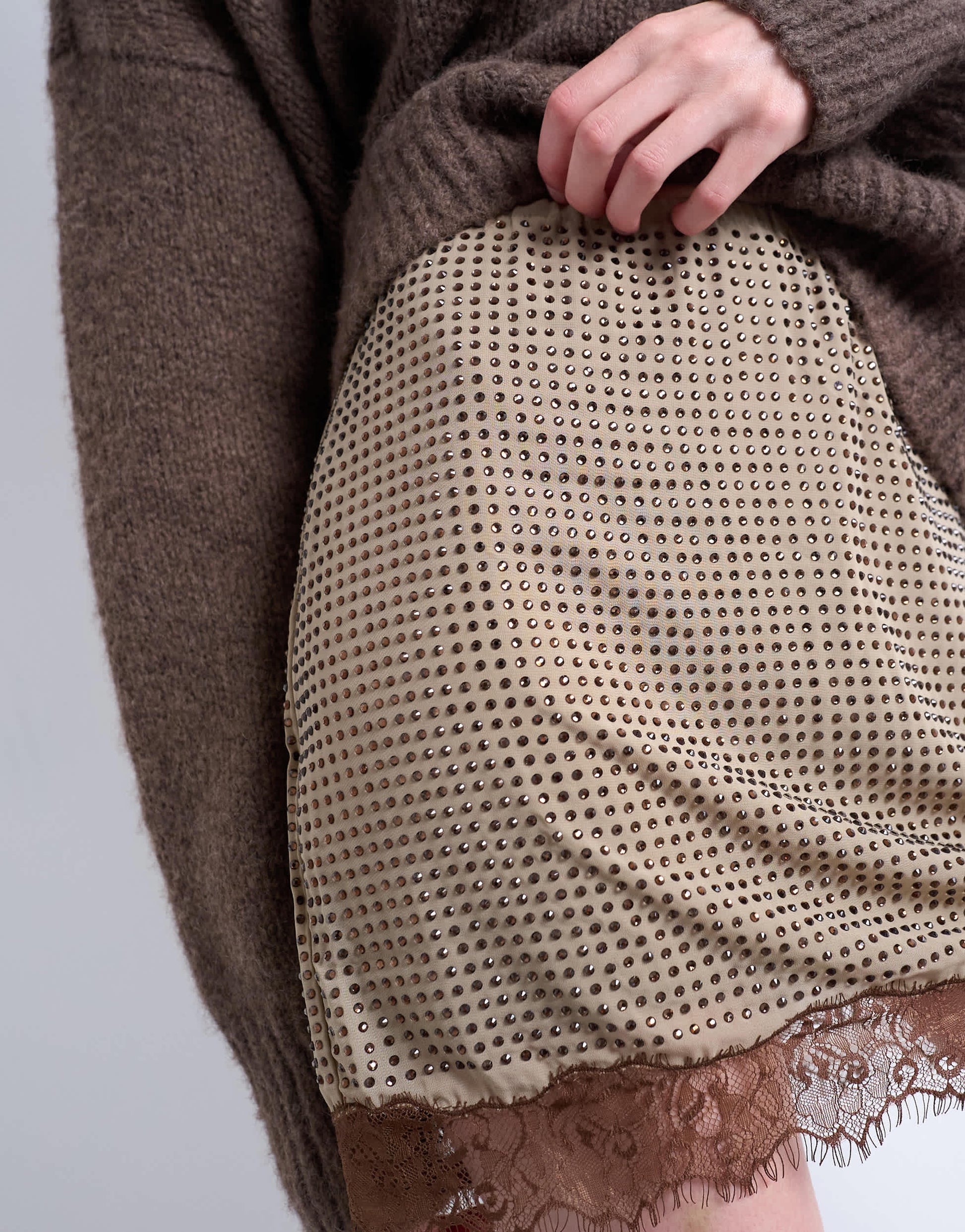 Topshop hot fix embellished mini skirt with lace trim in brown