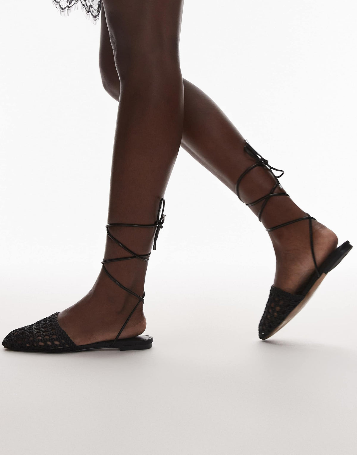 Topshop Arri woven tie up flat shoe in black