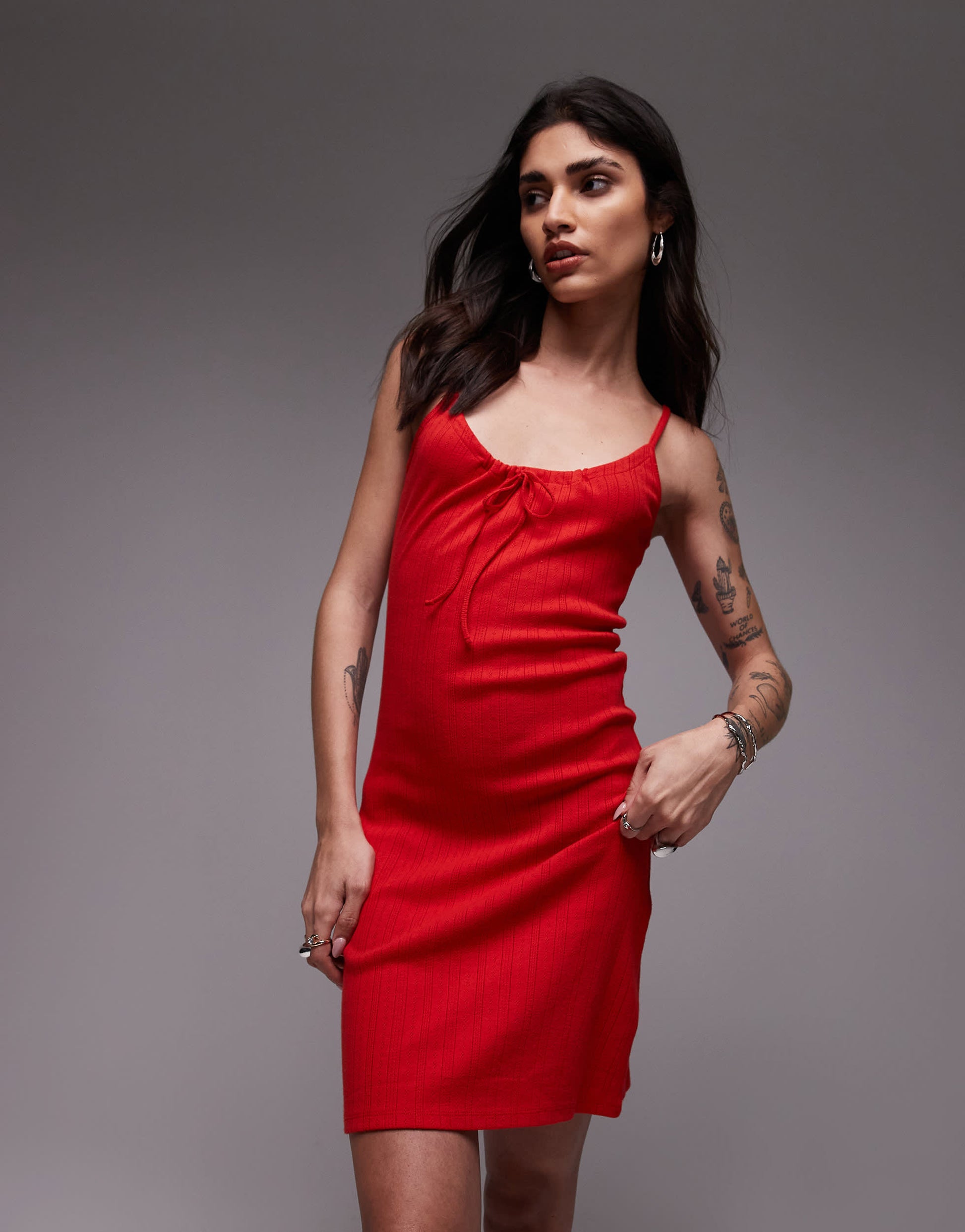 Topshop pointelle tie front mini dress in red