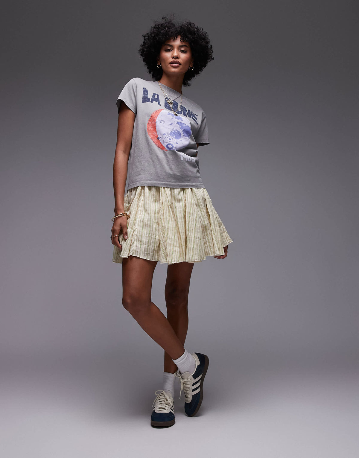 Topshop cotton flippy mini skirt with godets in yellow and green stripe