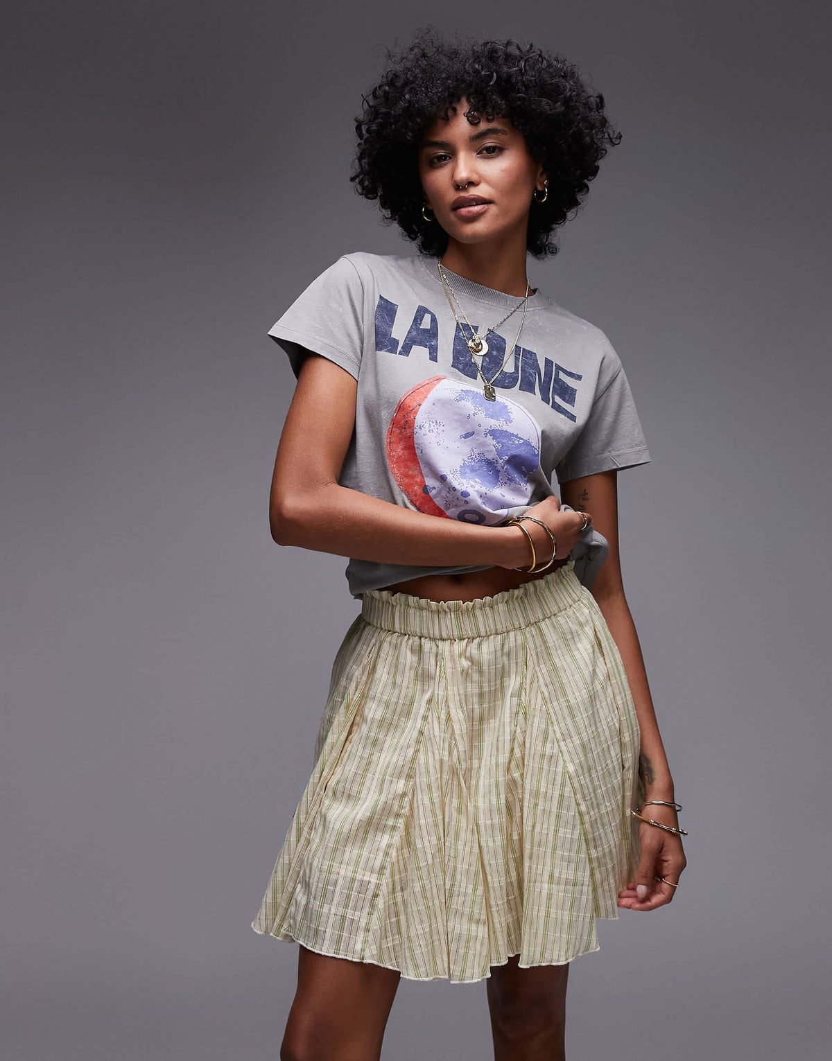 Topshop cotton flippy mini skirt with godets in yellow and green stripe