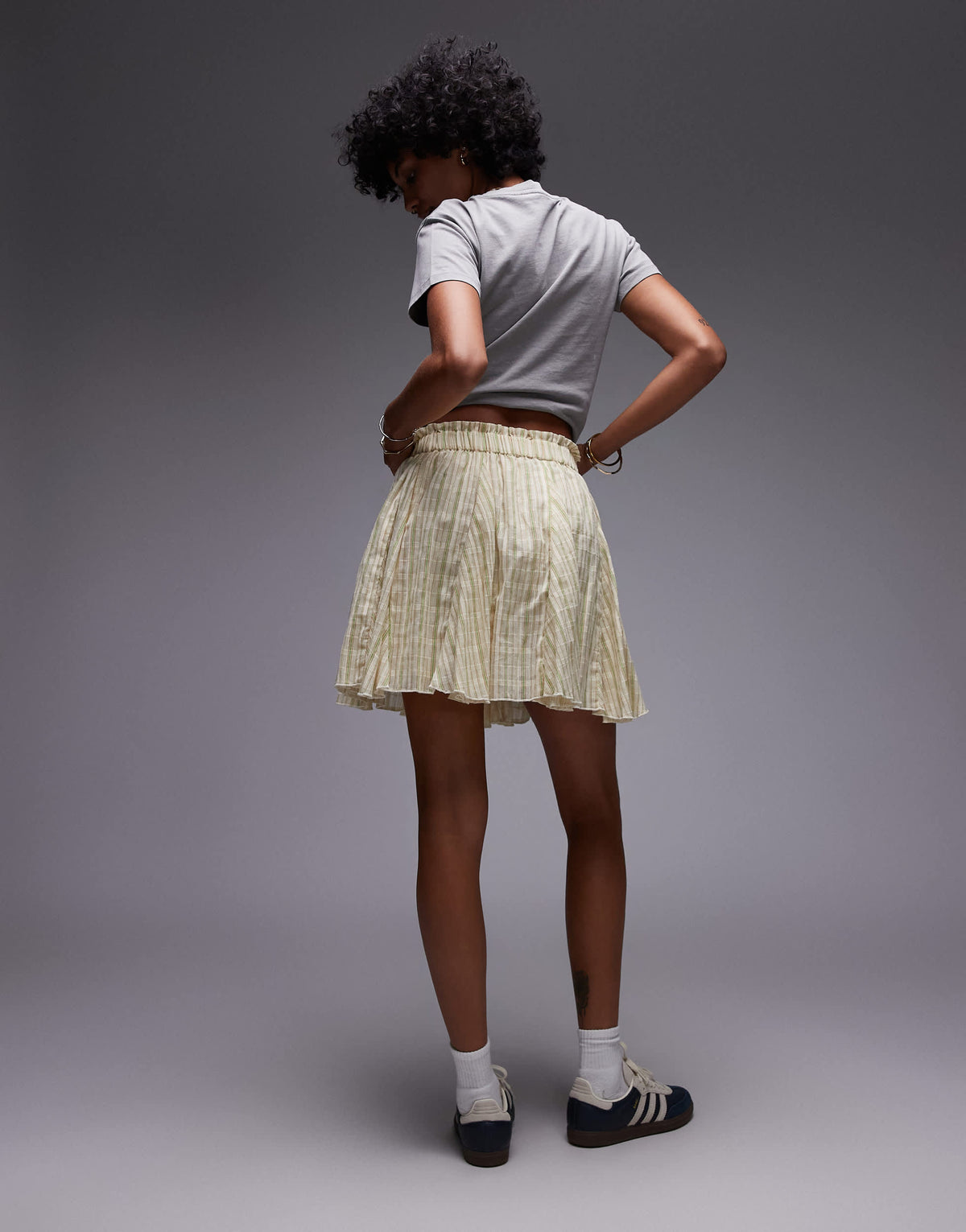 Topshop cotton flippy mini skirt with godets in yellow and green stripe
