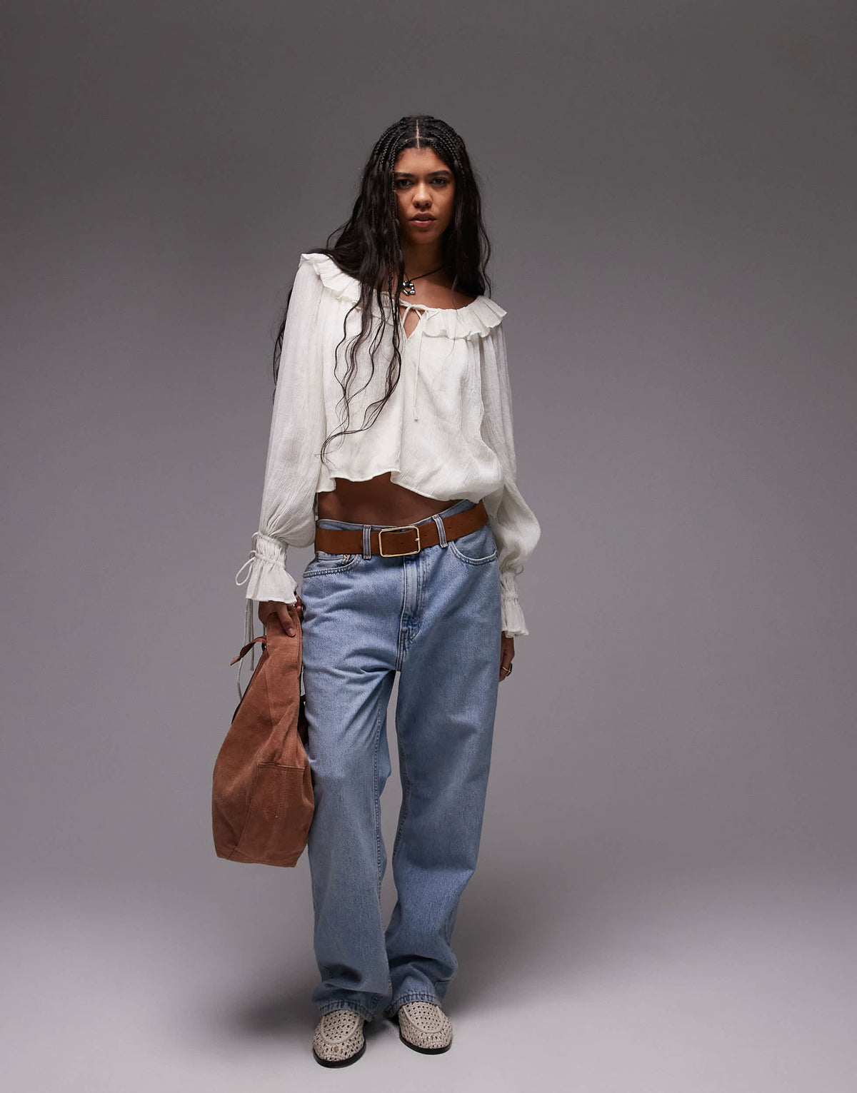 Topshop ruffle neck femme top in ivory