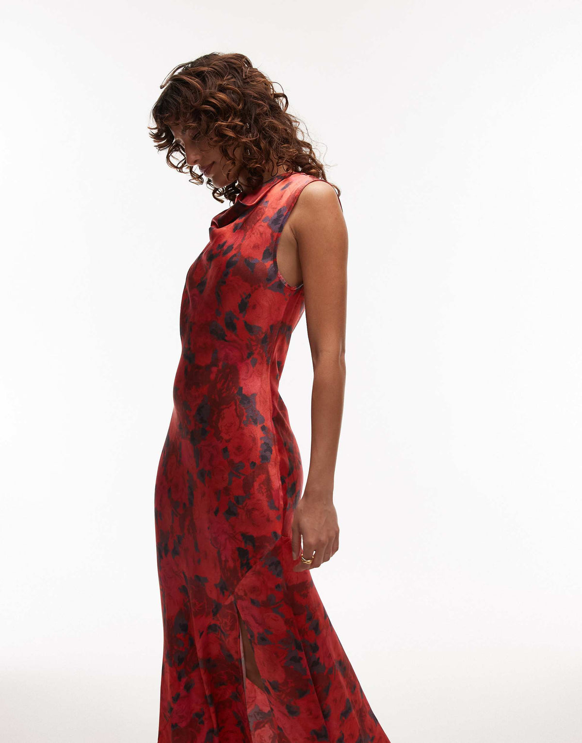 Topshop drape neck maxi dress in red rose