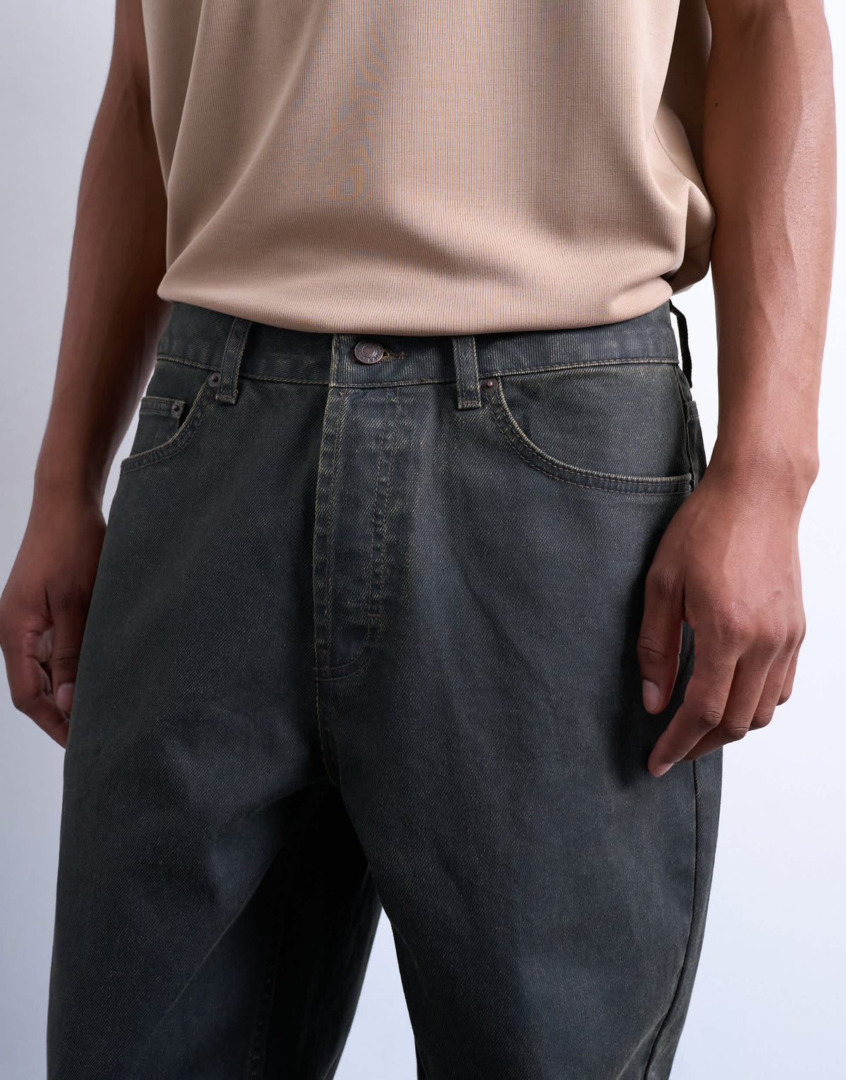 Topman rigid straight leg jean in brown coated