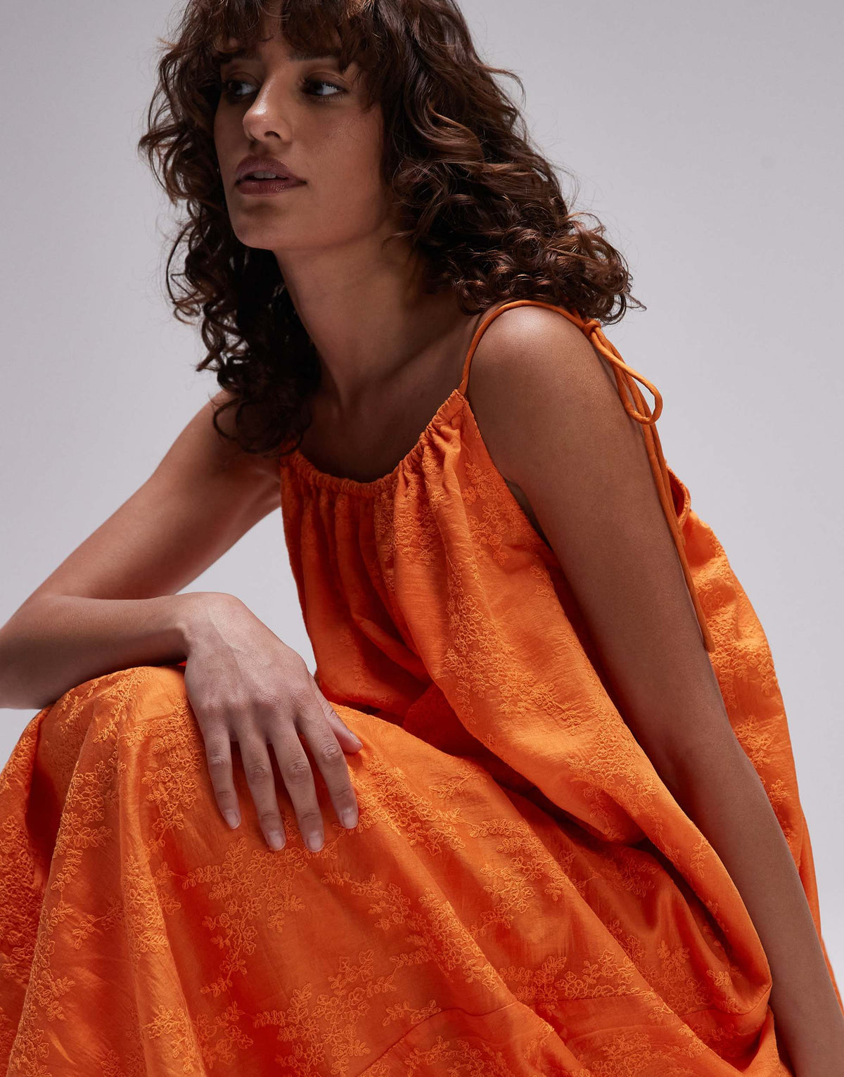 Topshop embroidered midi dress in orange