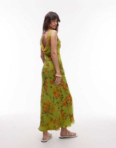 topshop double layered cowl neck maxi dress in buttermilk floral built up green Asos topshop