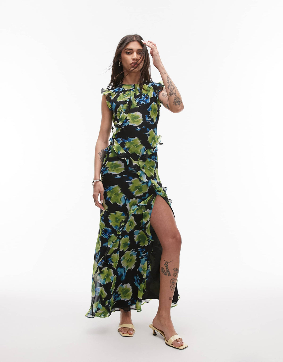 Topshop high neck open back frill maxi dress in blurred blue floral