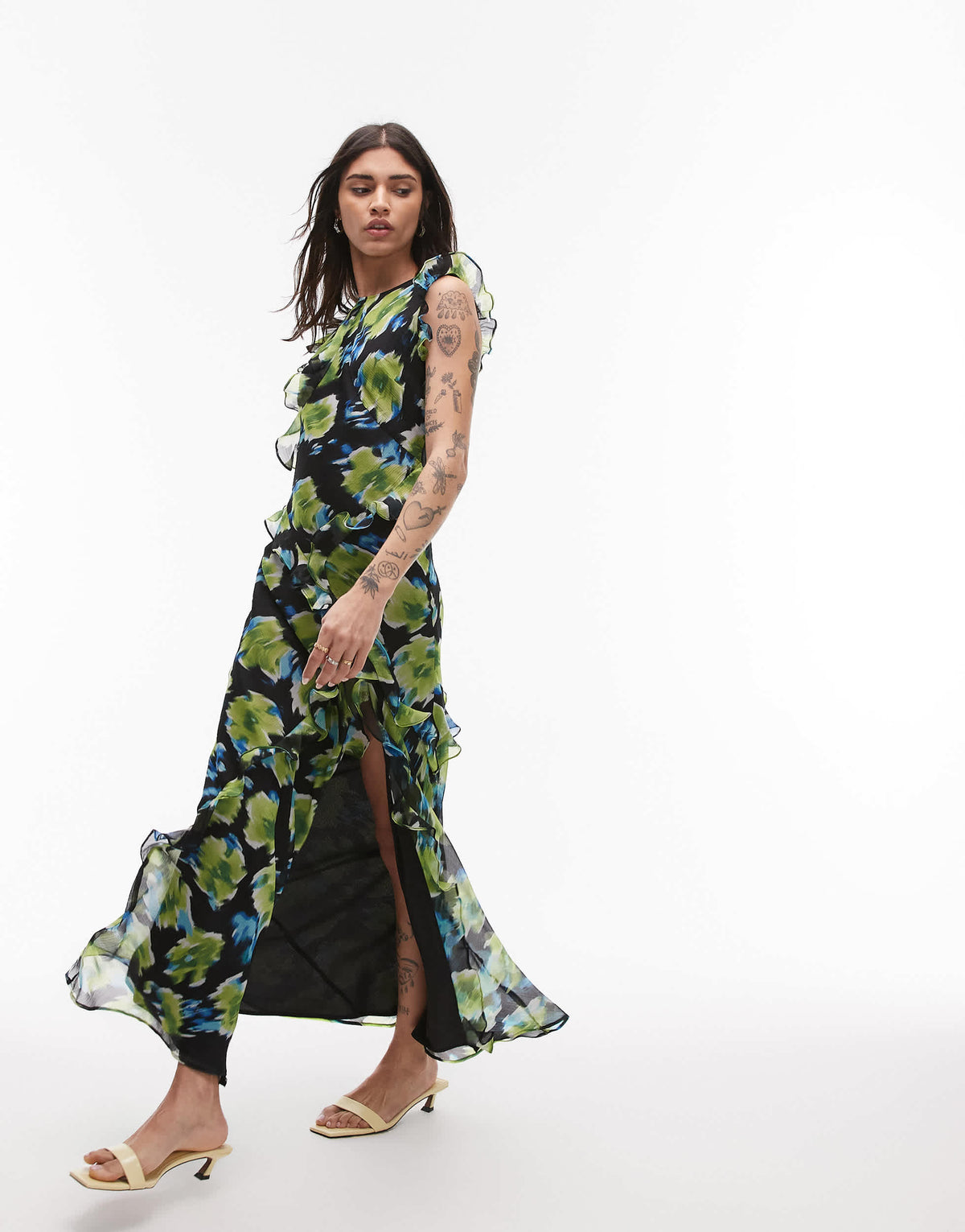 Topshop high neck open back frill maxi dress in blurred blue floral