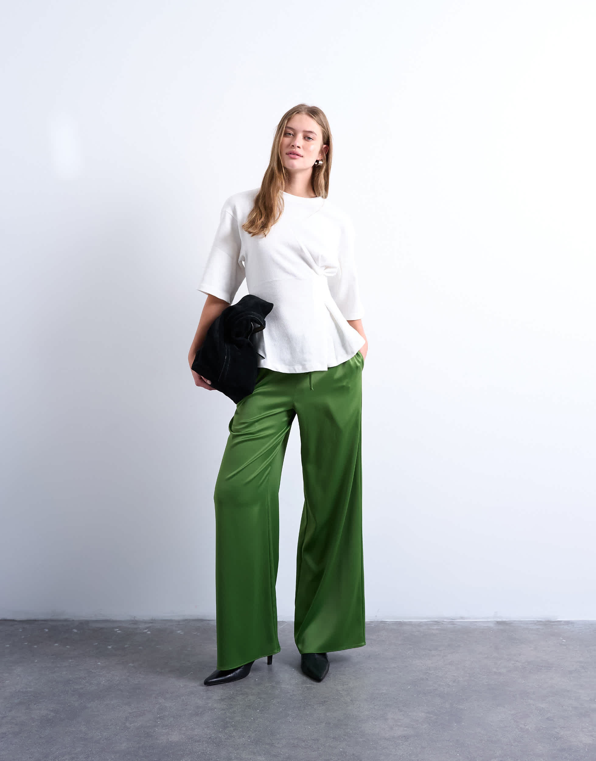 Topshop satin tie waist wide leg trouser in green
