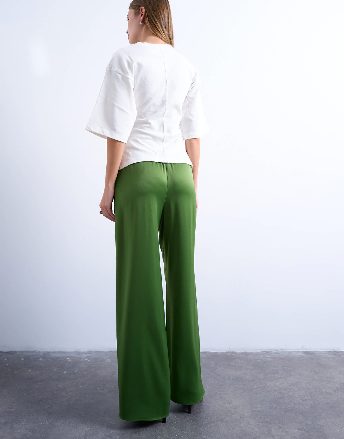 Topshop satin tie waist wide leg trouser in green