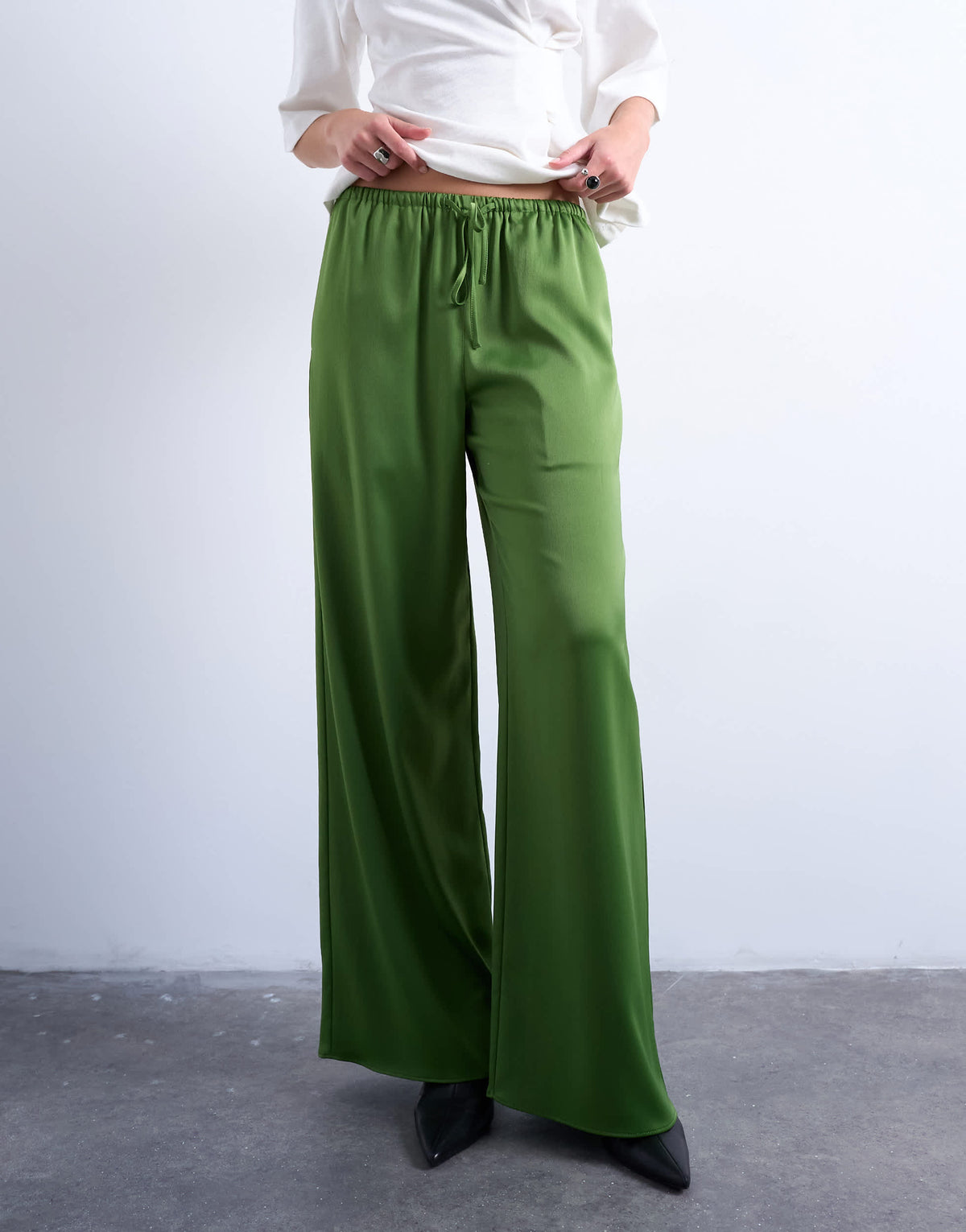 Topshop satin tie waist wide leg trouser in green