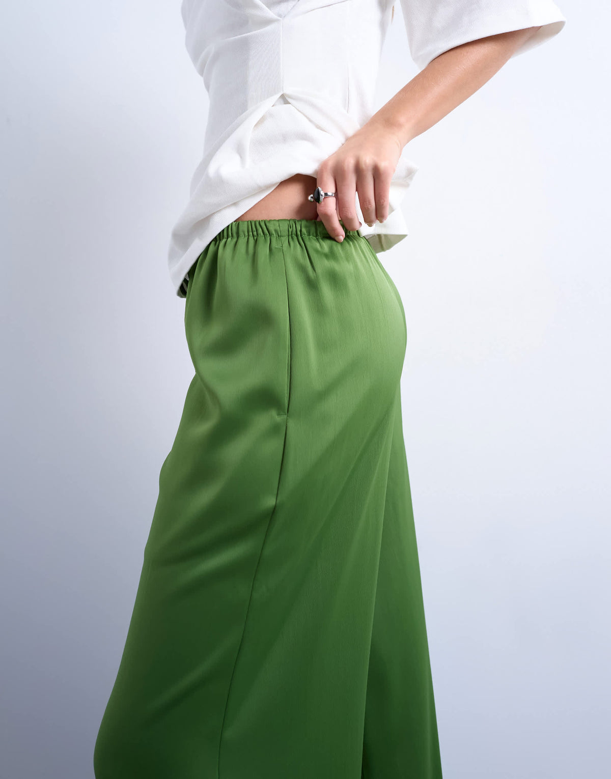 Topshop satin tie waist wide leg trouser in green