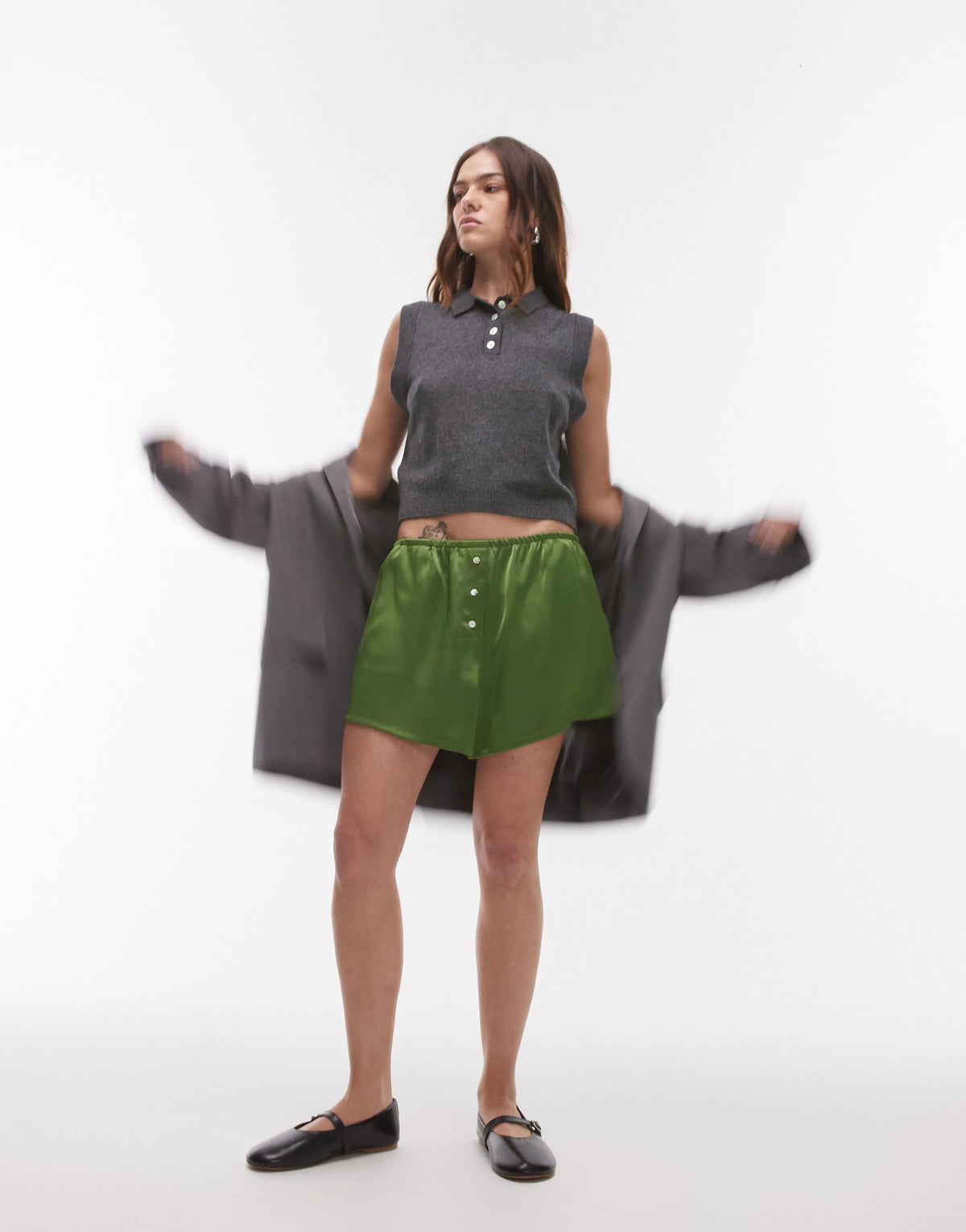 Topshop satin knicker short with buttons in green