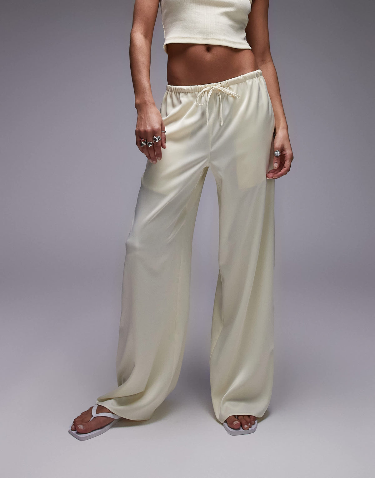 Topshop satin tie waist wide leg trouser in buttermilk