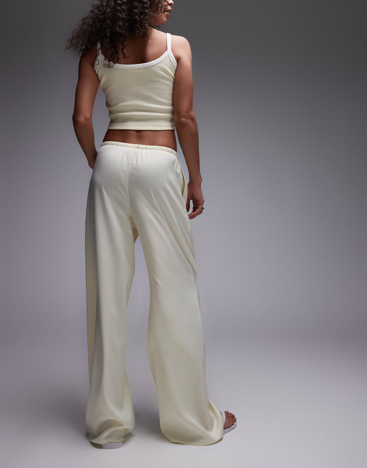 Topshop satin tie waist wide leg trouser in buttermilk