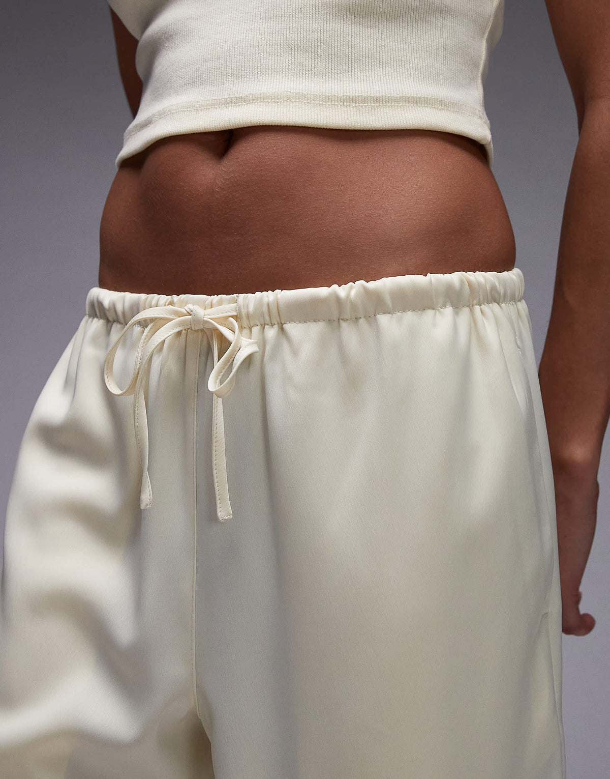 Topshop satin tie waist wide leg trouser in buttermilk