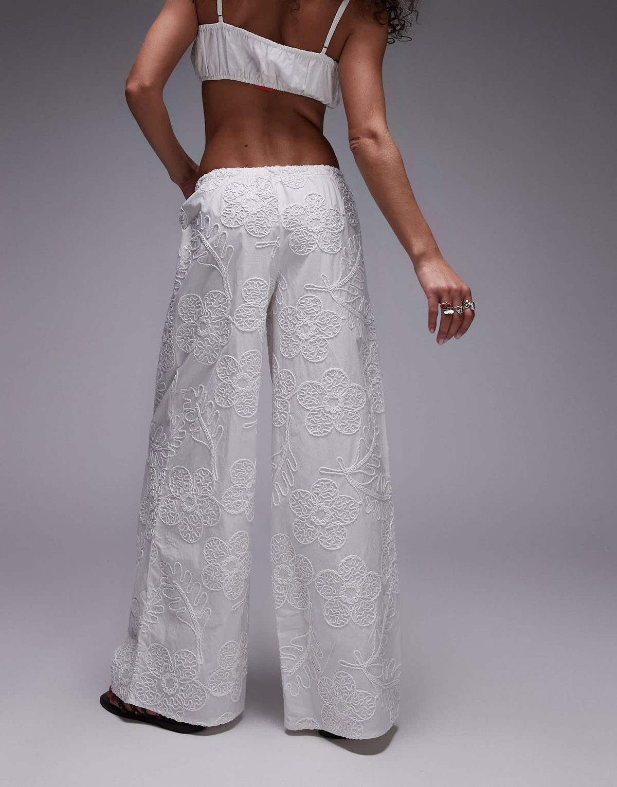 Topshop floral stitch straight leg trouser in white