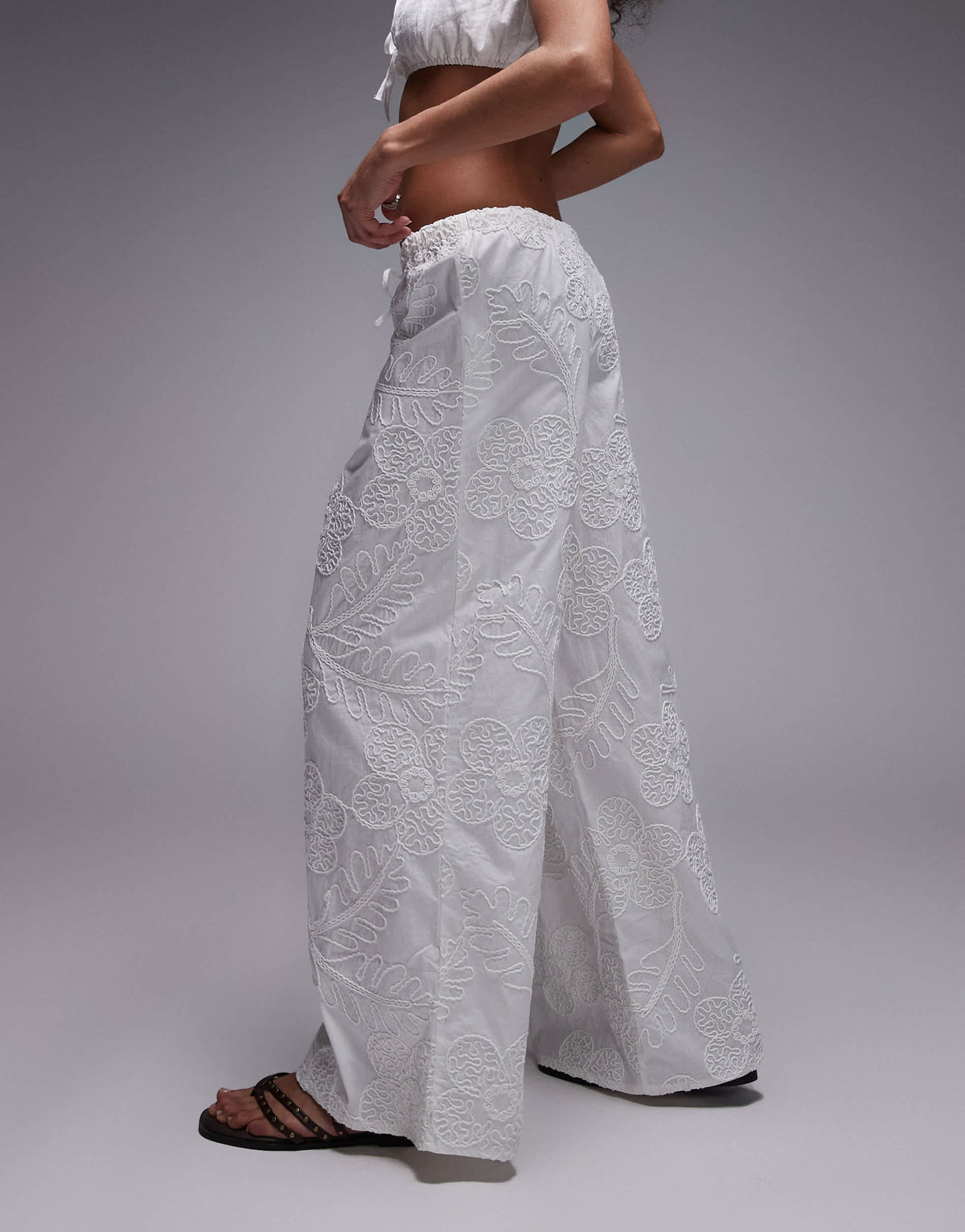 Topshop floral stitch straight leg trouser in white
