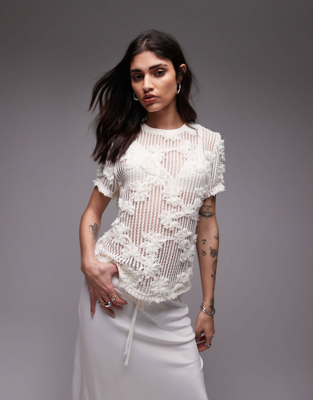 Topshop floral applique boxy tee in ivory