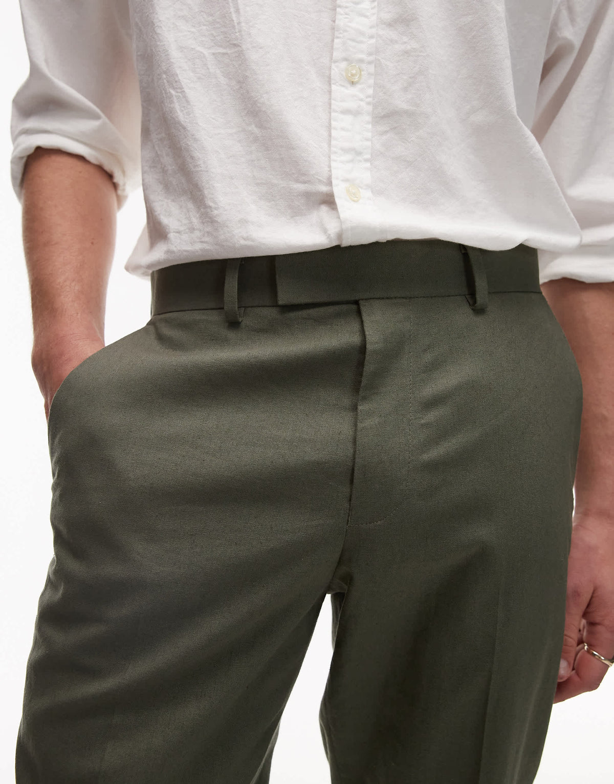 Topman straight fit linen blend suit trouser in khaki