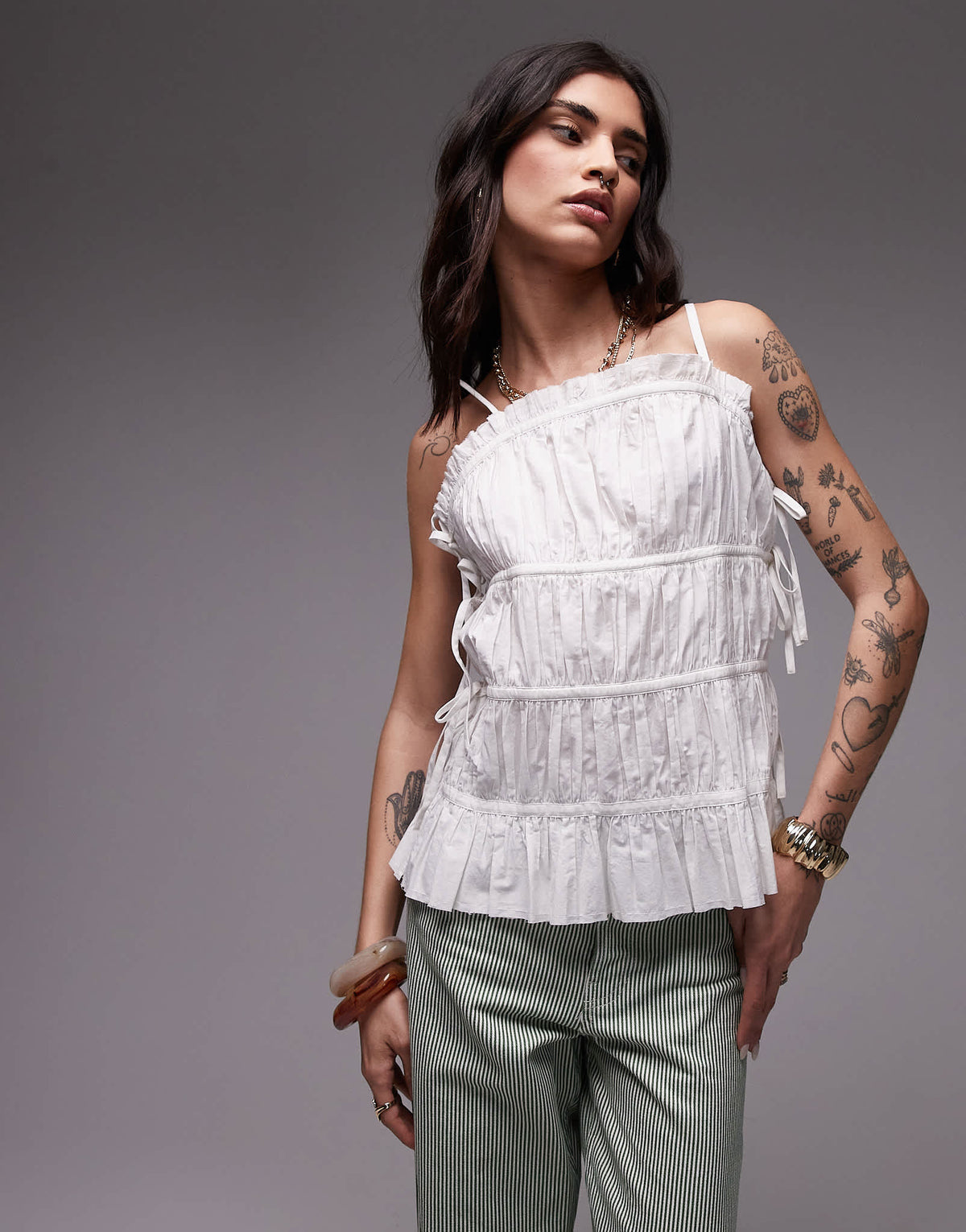 Topshop poplin pleat tiered cami in ivory