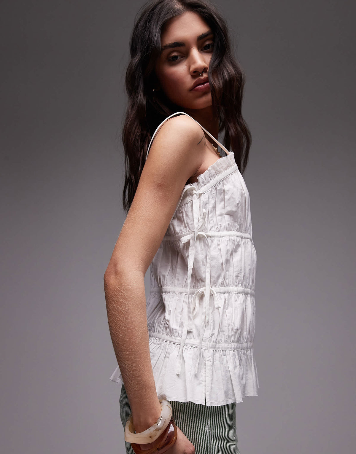 Topshop poplin pleat tiered cami in ivory