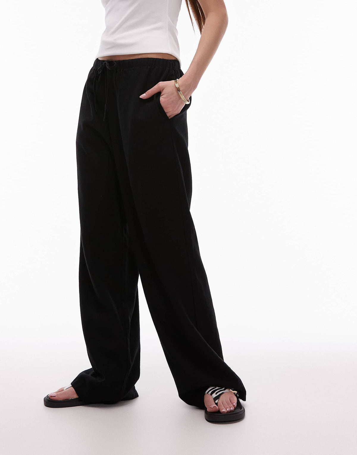 Topshop linen straight leg trouser in black